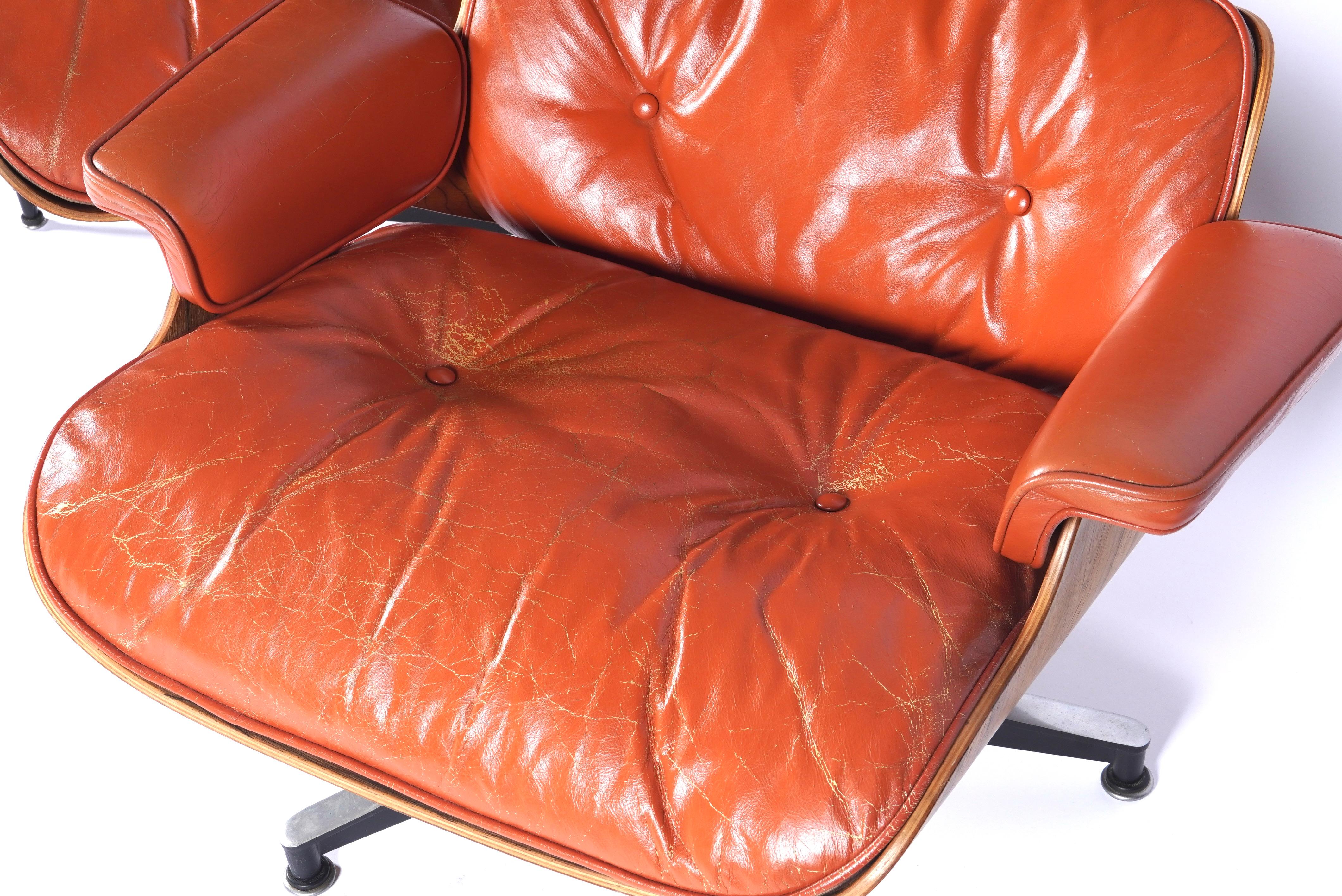 Rare & Original 1960s Custom Color Eames Lounge & Ottoman Brunt Orange Leather 1