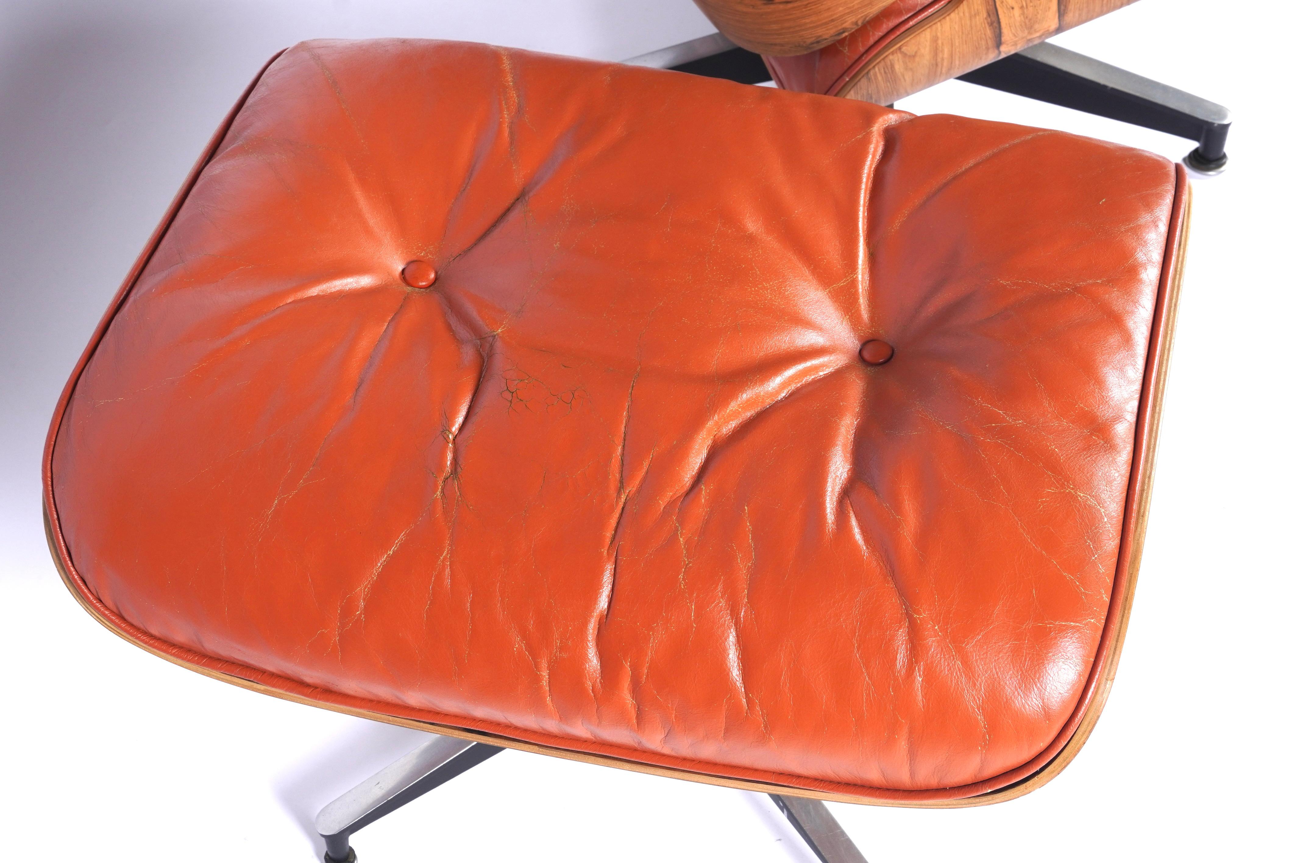 Rare & Original 1960s Custom Color Eames Lounge & Ottoman Brunt Orange Leather 2