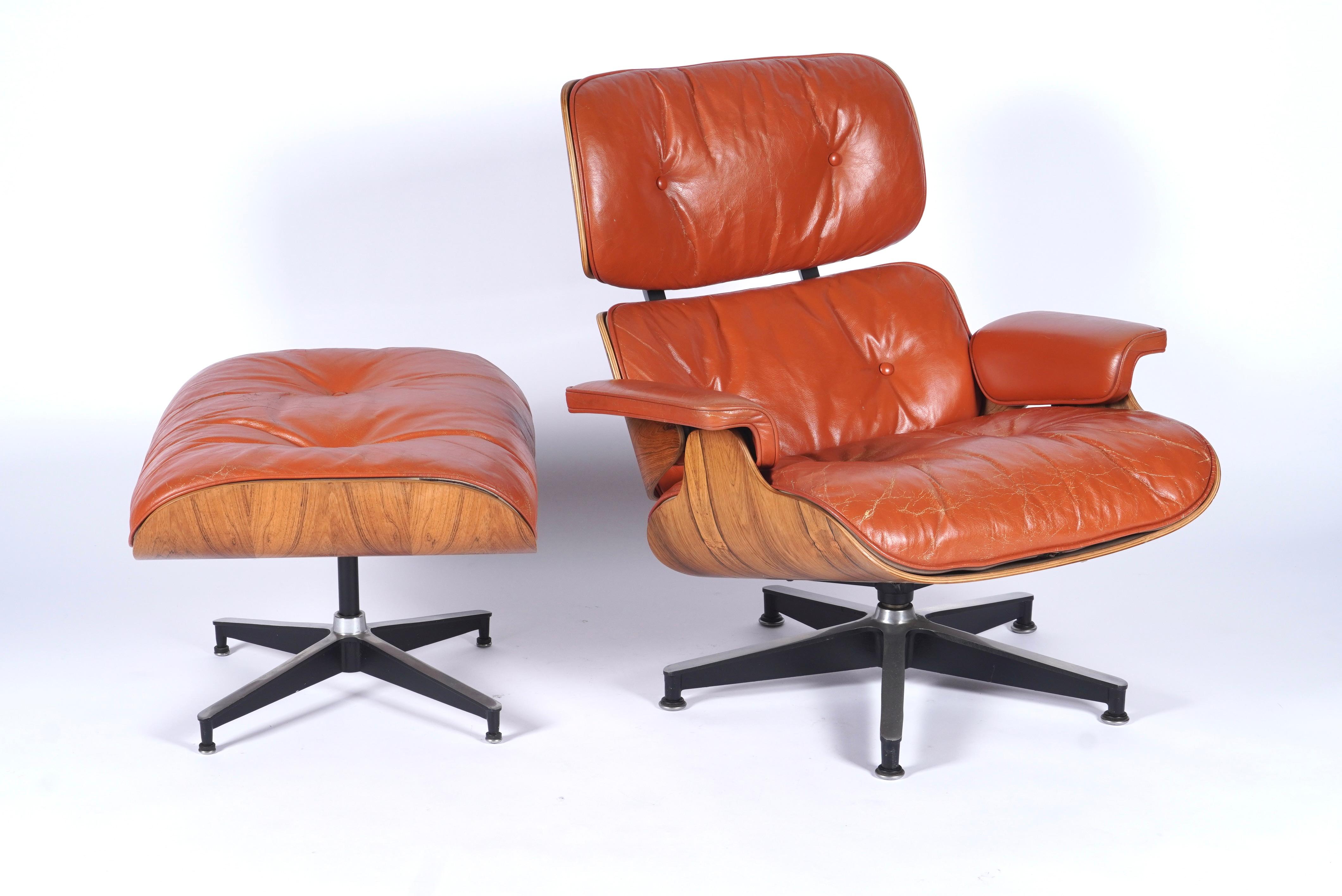 Rare & Original 1960s Custom Color Eames Lounge & Ottoman Brunt Orange Leather 3