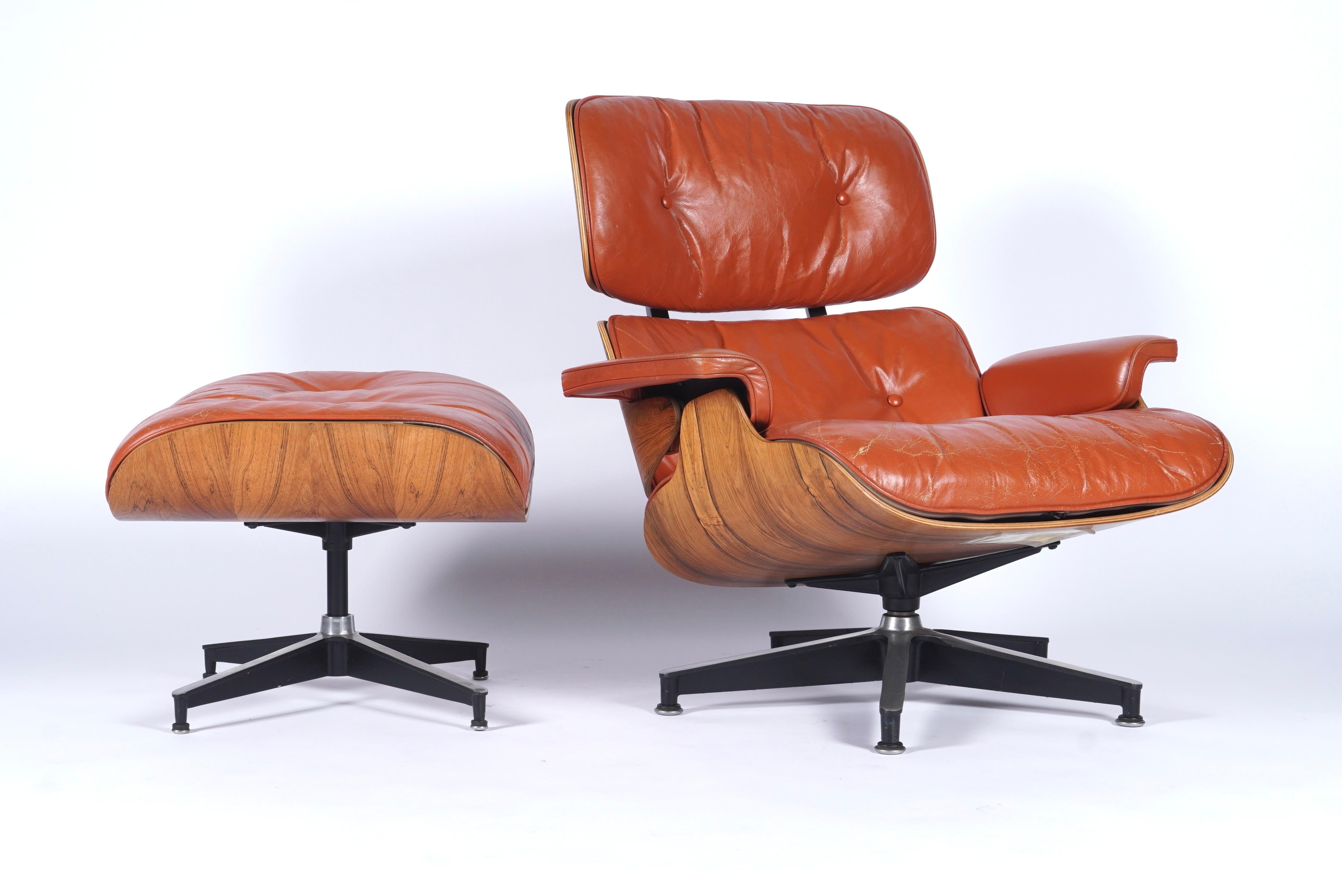 Rare & Original 1960s Custom Color Eames Lounge & Ottoman Brunt Orange Leather 4