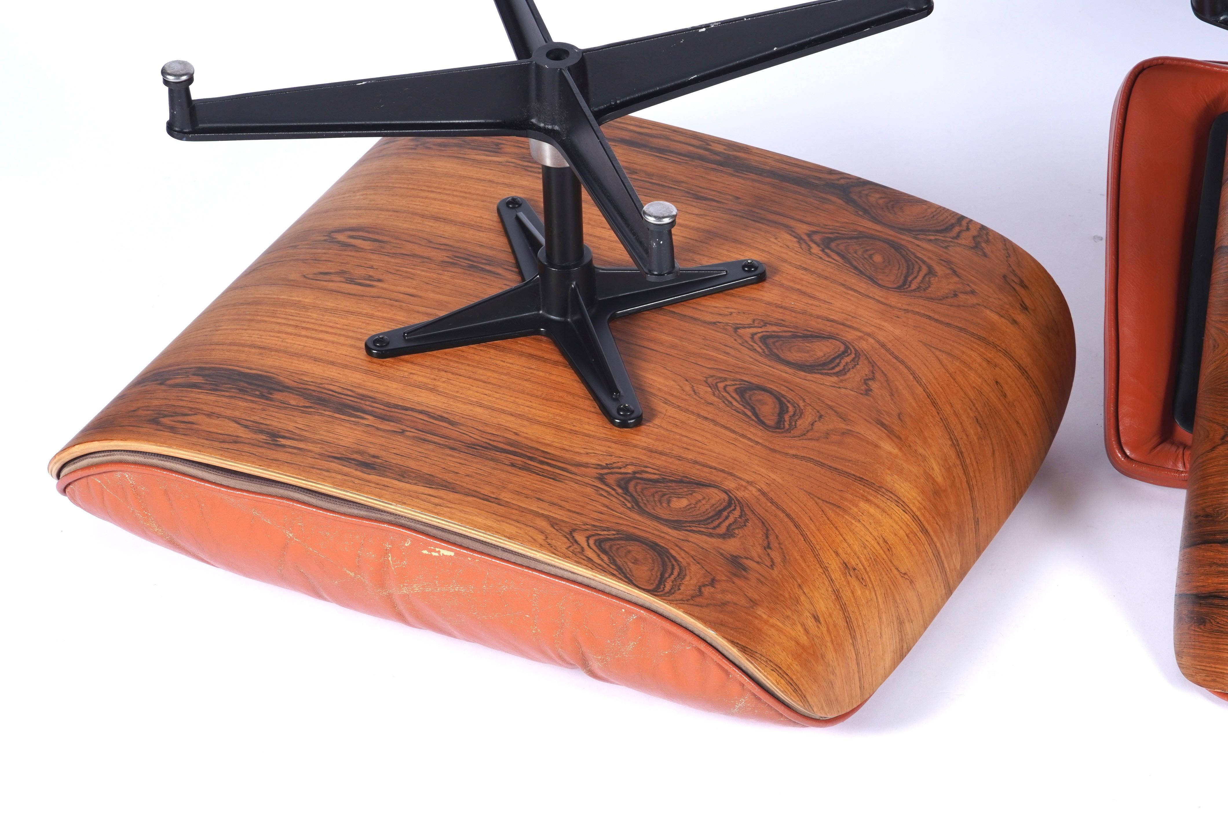 Rare & Original 1960s Custom Color Eames Lounge & Ottoman Brunt Orange Leather 5