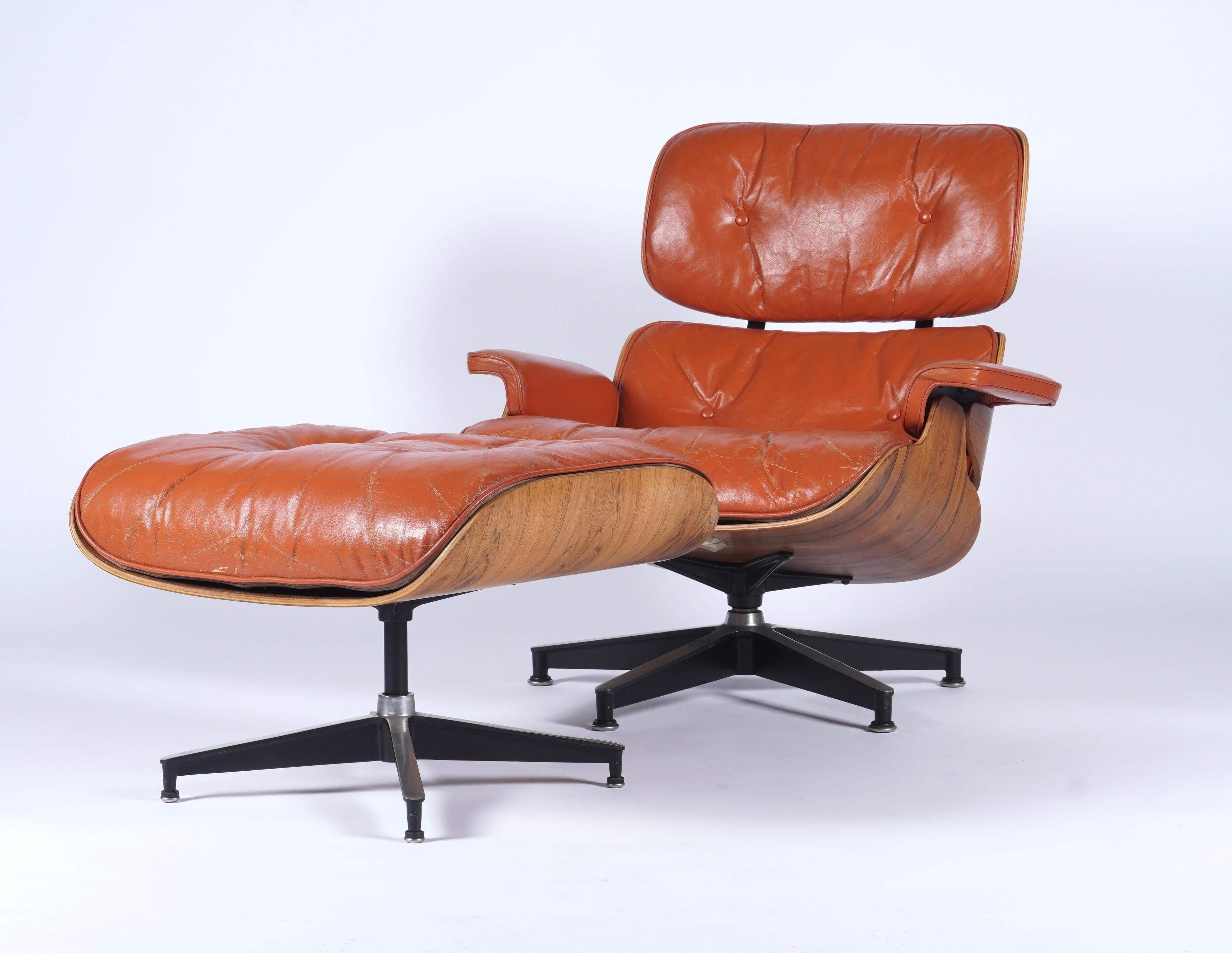Mid-Century Modern Rare & Original 1960s Custom Color Eames Lounge & Ottoman Brunt Orange Leather