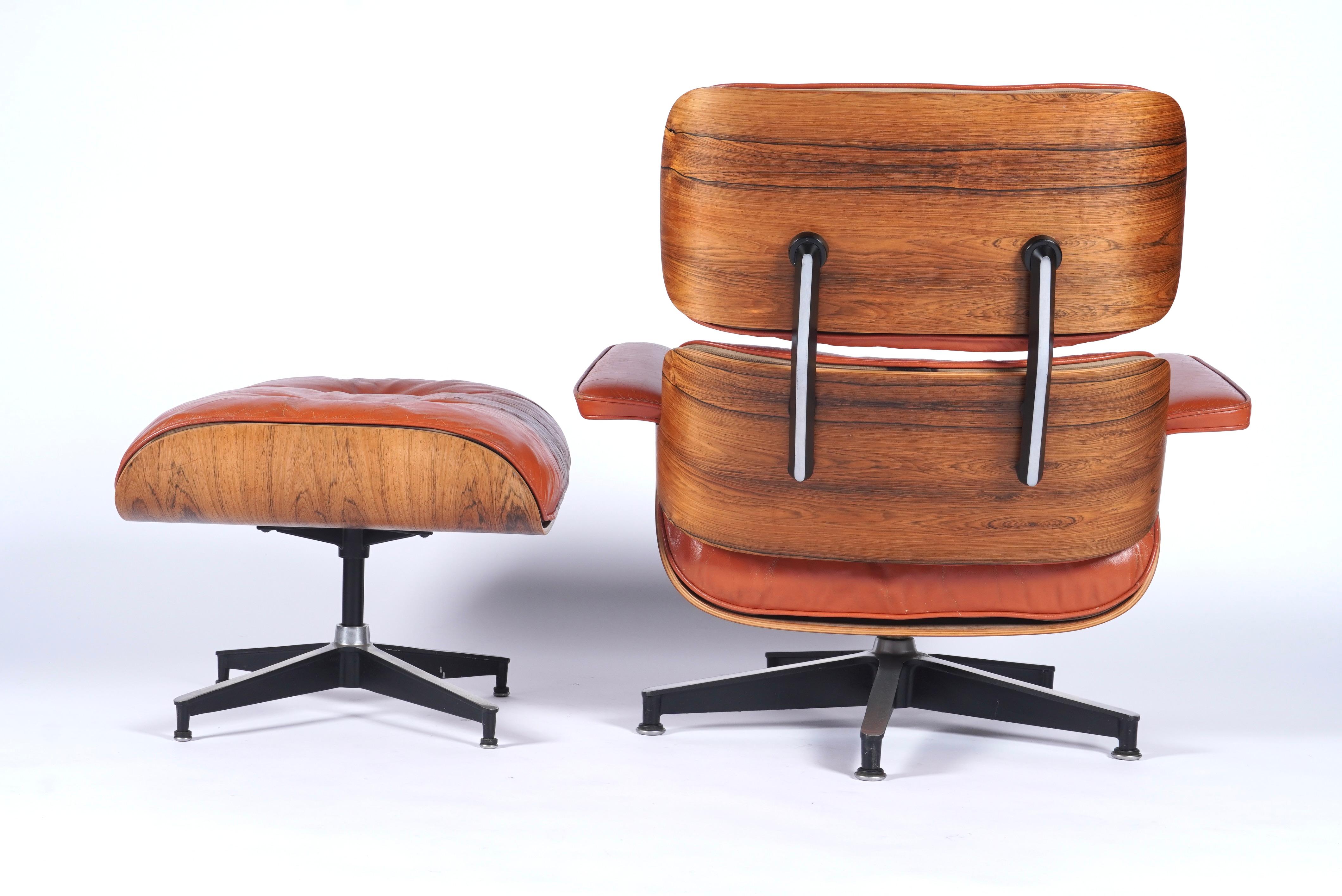 American Rare & Original 1960s Custom Color Eames Lounge & Ottoman Brunt Orange Leather