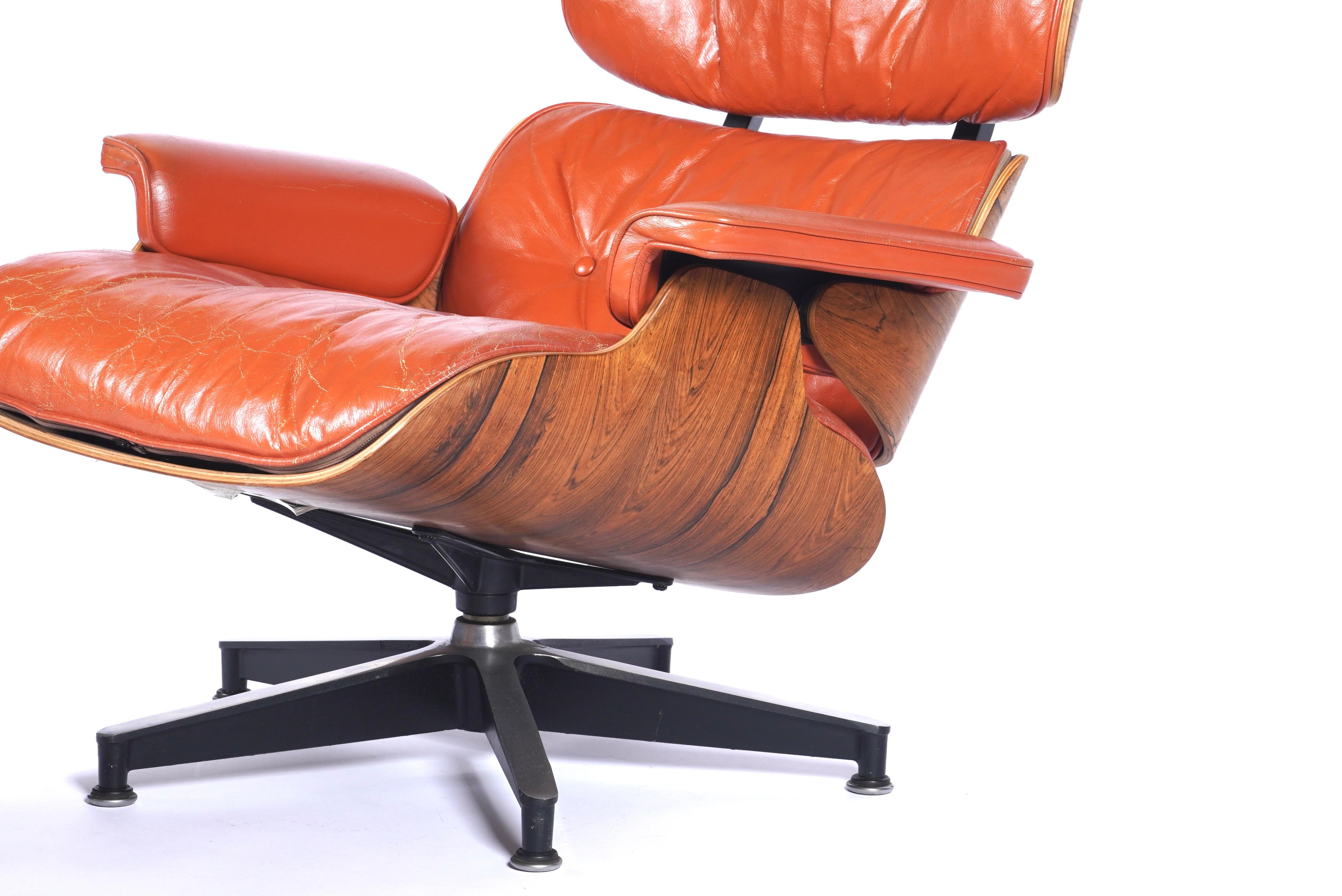 Hand-Crafted Rare & Original 1960s Custom Color Eames Lounge & Ottoman Brunt Orange Leather