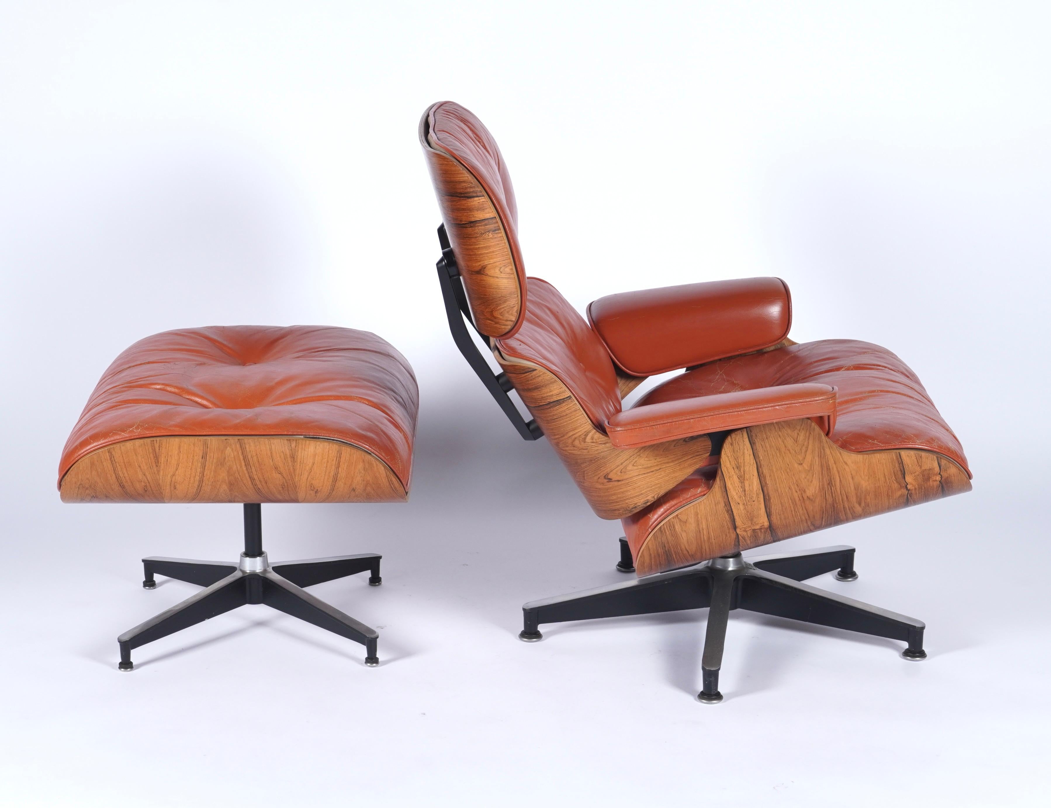Rare & Original 1960s Custom Color Eames Lounge & Ottoman Brunt Orange Leather In Good Condition In Oakland, CA