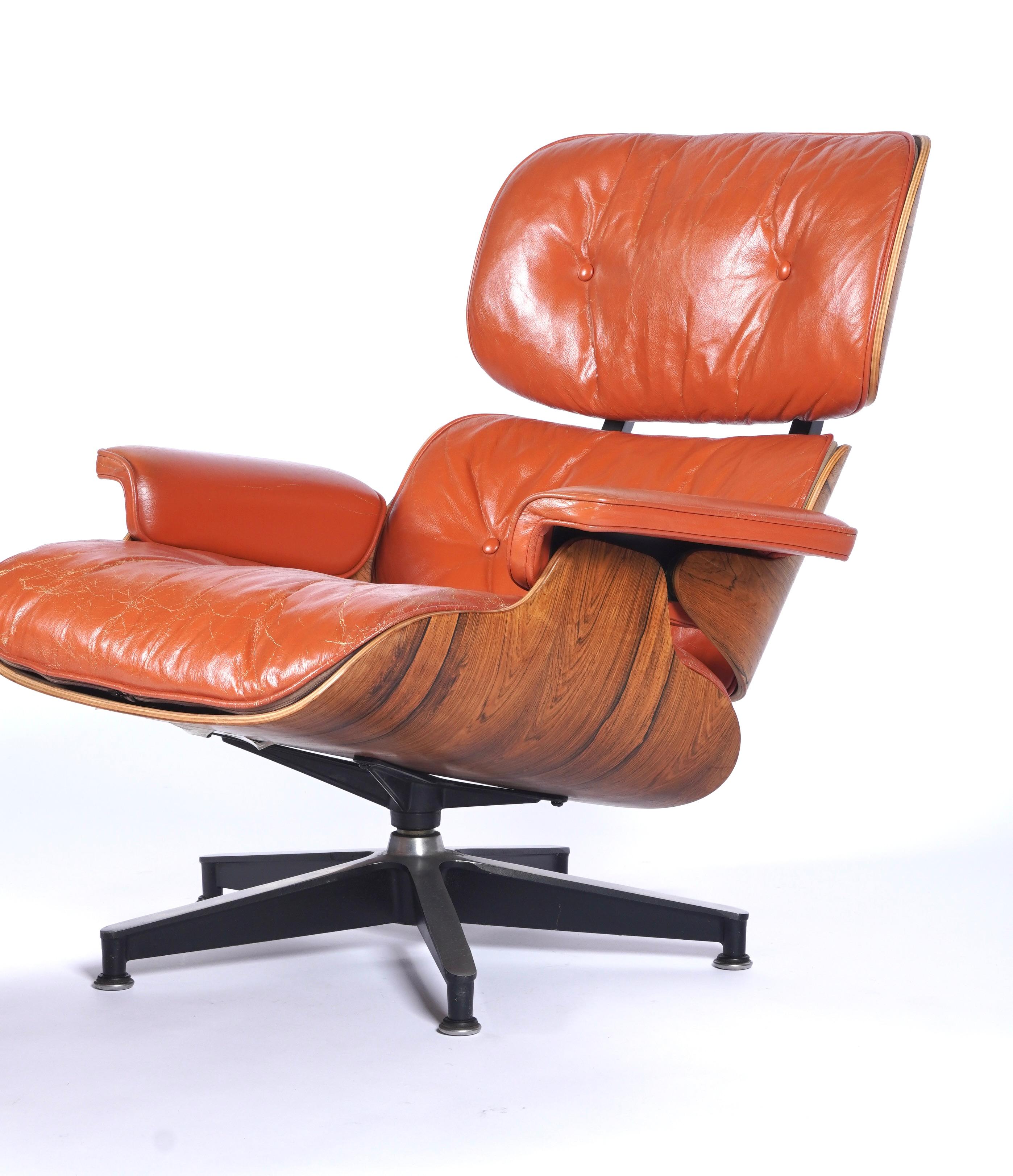 Mid-20th Century Rare & Original 1960s Custom Color Eames Lounge & Ottoman Brunt Orange Leather
