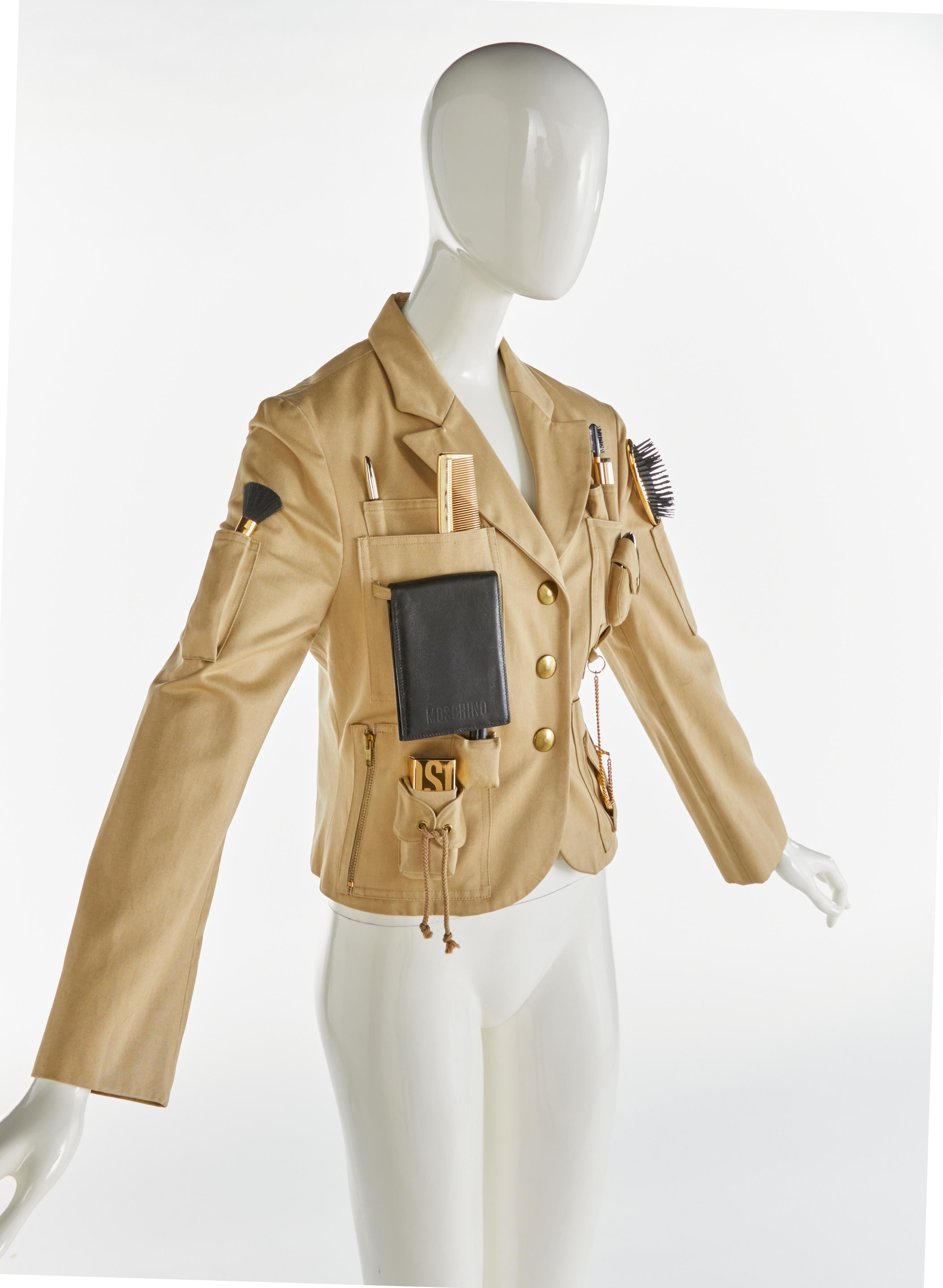 Brown Rare Original 1991 Moschino Couture Runway Survival Jacket with Tools For Sale