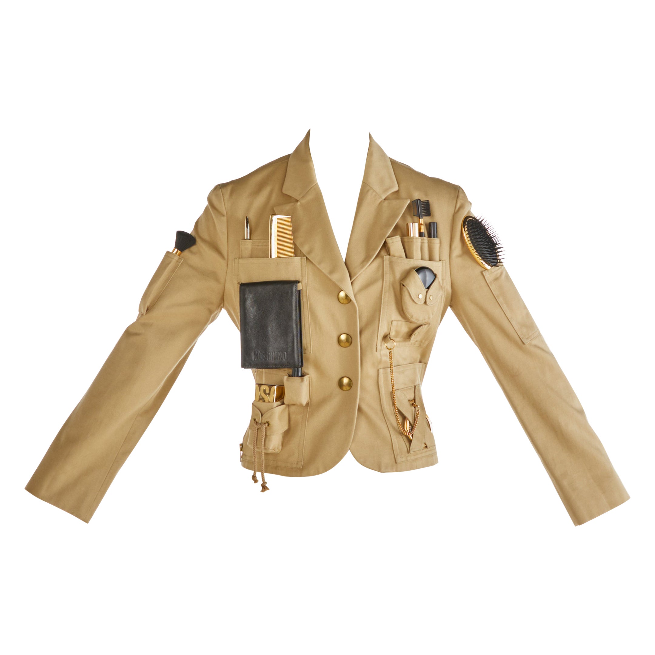 Rara giacca originale del 1991 Moschino Couture con strumenti di sopravvivenza