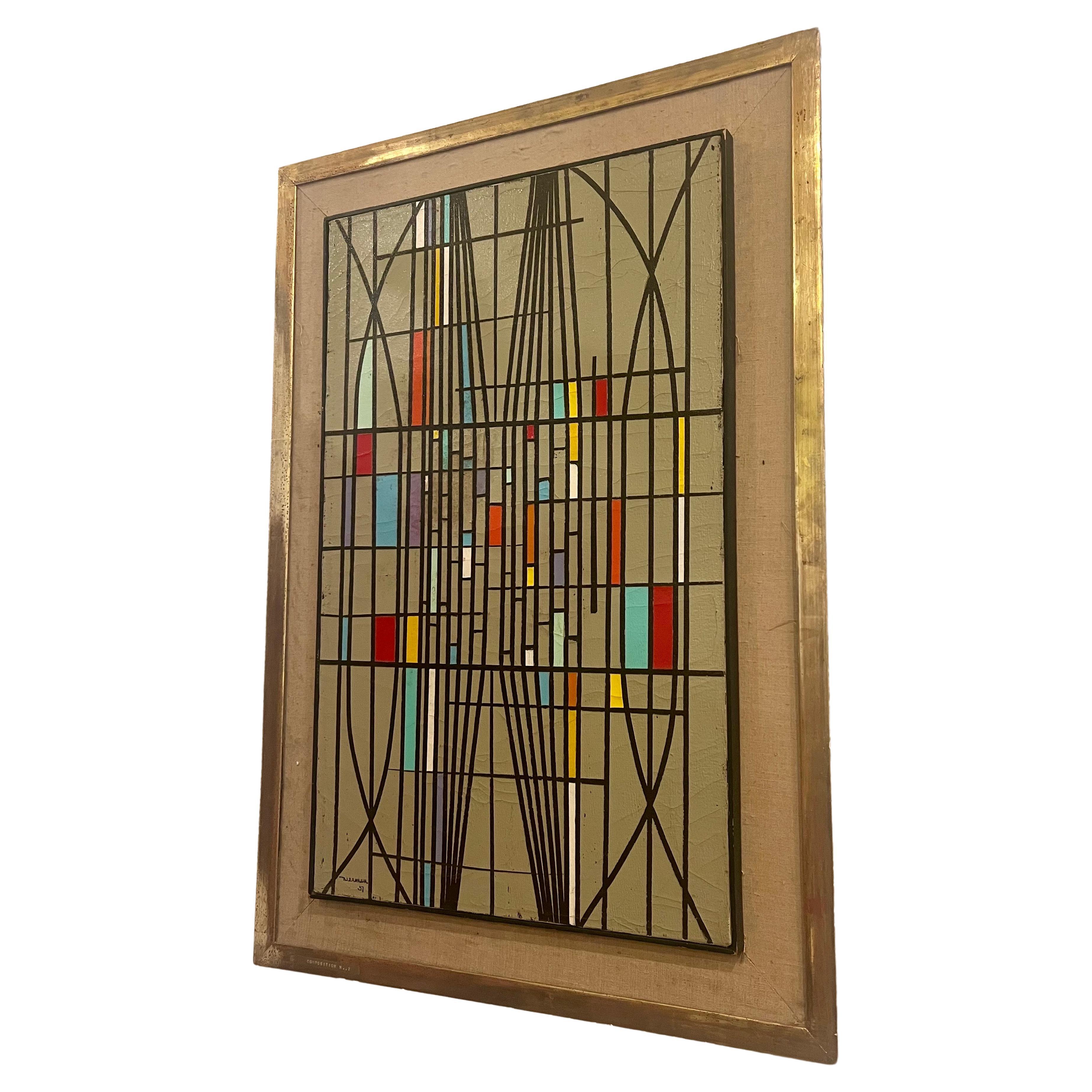 Beautiful and very rare original oil on canvas framed painting by listed artist Leonardo Nierman, circa 1950's , framed in gold guild leaf frame this piece was sold at Christies in 2009 , Title Composition #2 , the size of the painting itself