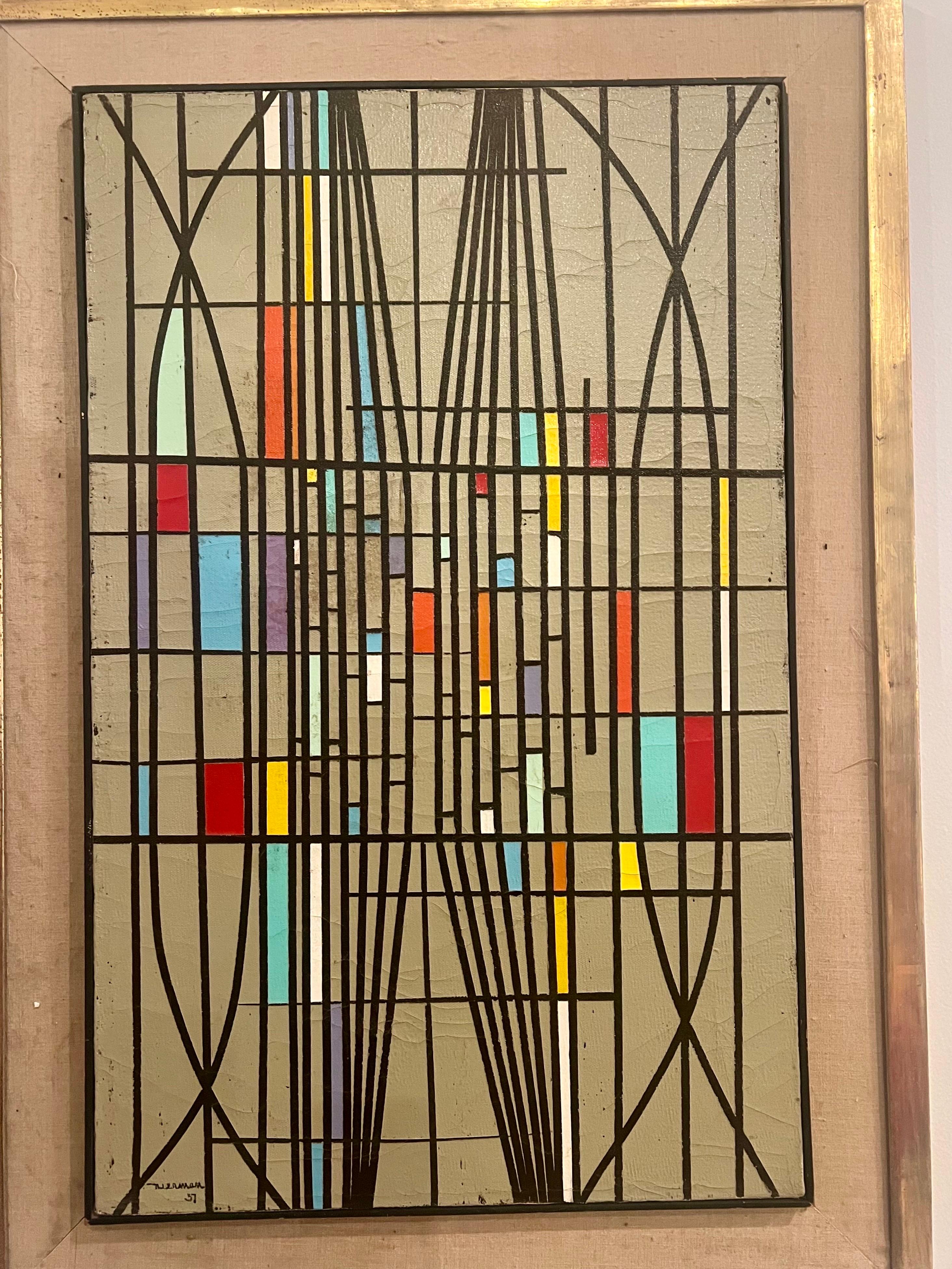 Mexican Rare Original Abstract Geometric Oil On Canvas Painting by Leonardo Nierman For Sale