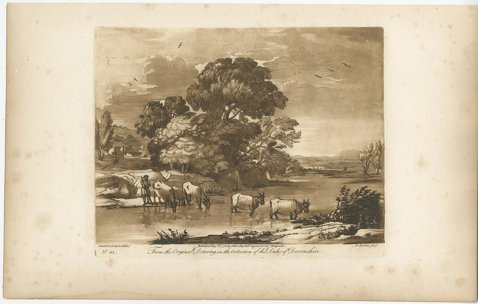 Antique print of a landscape with cattle. Mezzotint with etched lines, printed in sepia. Engraved by Richard Earlom (1743 - 1822) after a sketch in the copy of Claude le Lorrain's 'Liber Veritatis' owned by the Duke of Devonshire at
