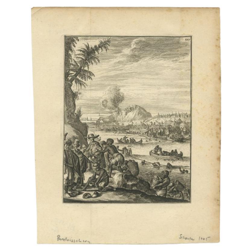 Antique print titled 'Parel-Visschery, en hoe die geschiet'. Copper engraving of pearl fishing in Tutocoryn and Pallpatnam (Tamil Nadu, India, Gulf of Manar, Palk Bay.) This print originates from 'Wouter Schoutens, Reys-Togten naar en door