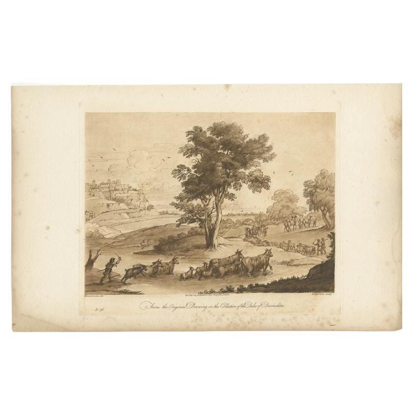 Antique print of a landscape with cattle. Mezzotint with etched lines, printed in sepia. Engraved by Richard Earlom (1743 - 1822) after a sketch in the copy of Claude le Lorrain's 'Liber Veritatis' owned by the Duke of Devonshire at