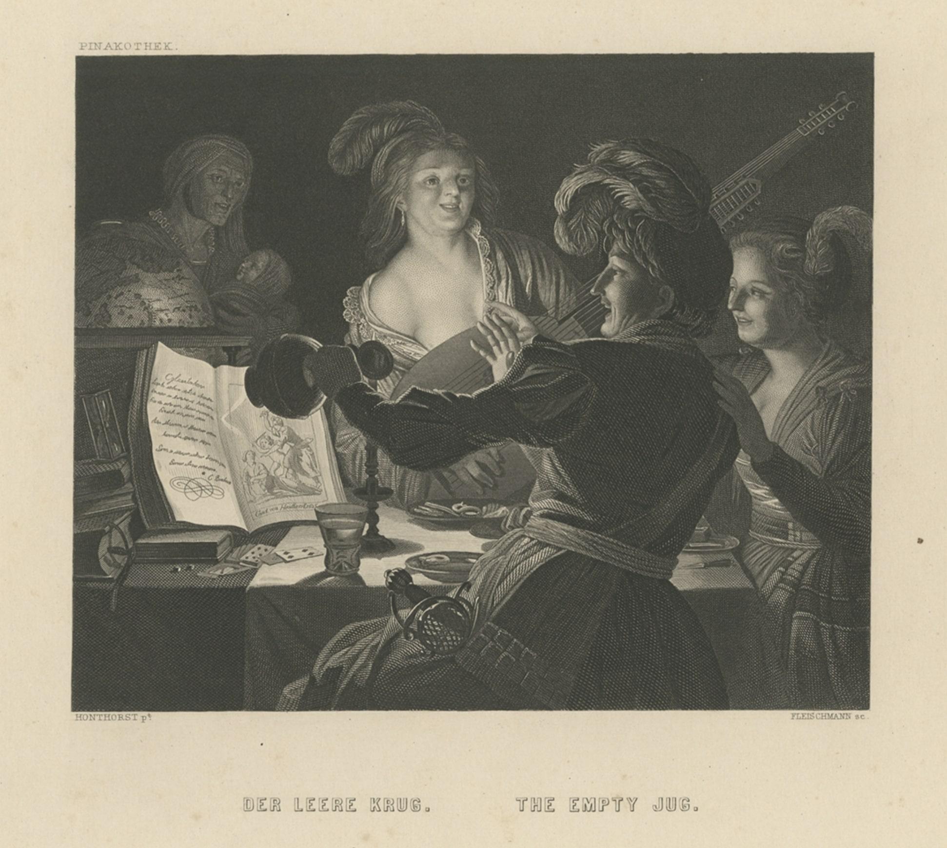 Antique print titled 'Der leere Krug - The Emppty Jug'. 

Original antique print of a man staring into an empty jug. Source unknown, to be determined. Published circa 1850.

Artists and Engravers: Engraved by Fleischmann after