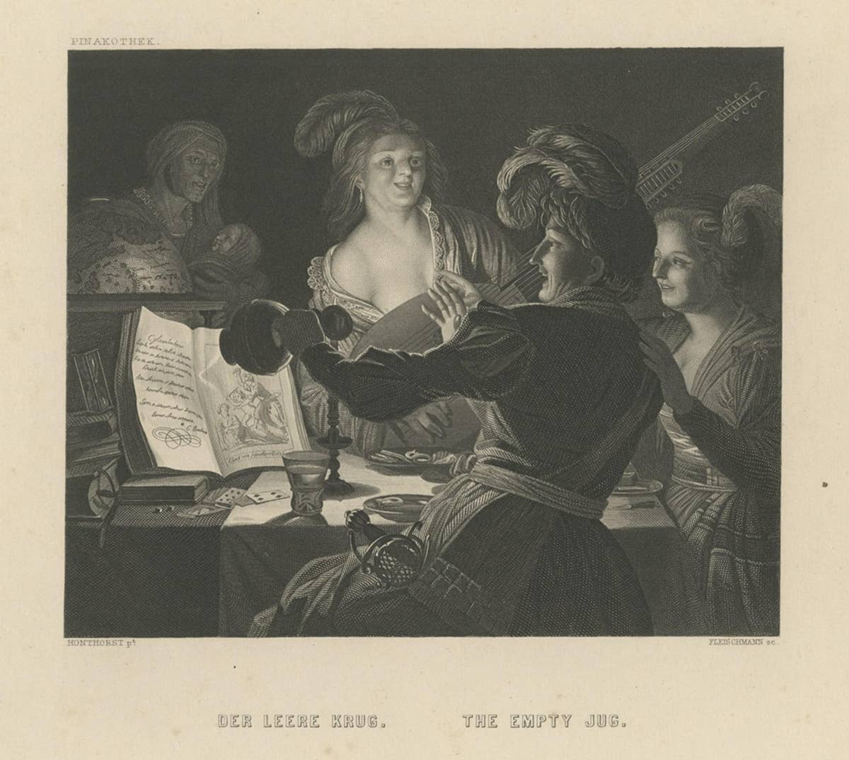 Rare Original Antique Print of a Man Staring into an Empty Jug, ca.1850