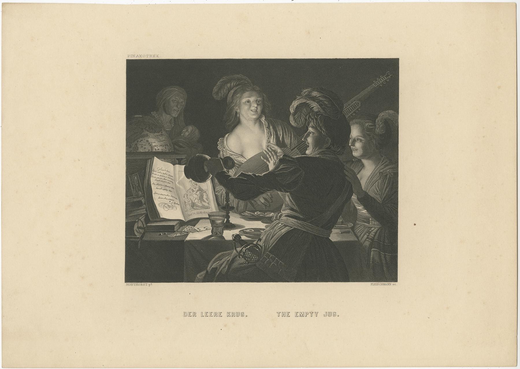 Rare Original Antique Print of a Man Staring into an Empty Jug, ca.1850 In Good Condition For Sale In Langweer, NL