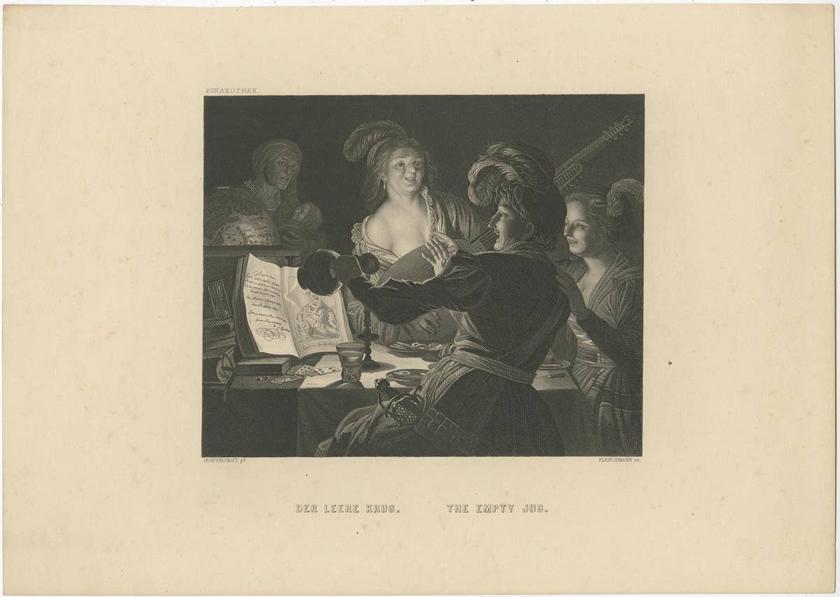 Rare Original Antique Print of a Man Staring into an Empty Jug, ca.1850