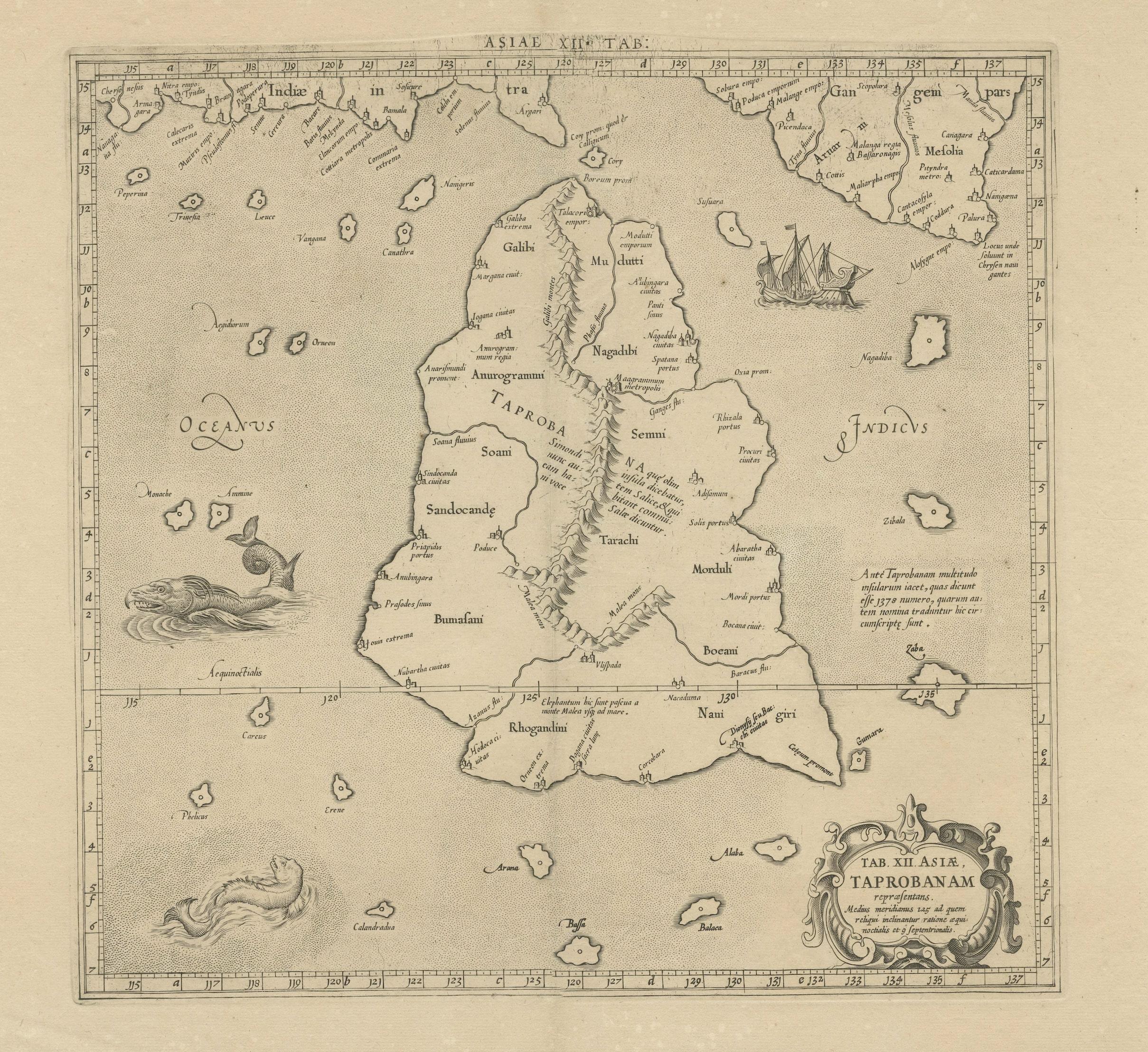 Original antique map titled 'Tab XII Asiae Taprobanam (..)'. For this map of Toprobana (Sri Lanka), Ptolemy drew on the accounts of travelers and sailors and though the information was secondhand and often inaccurate, it represented the most