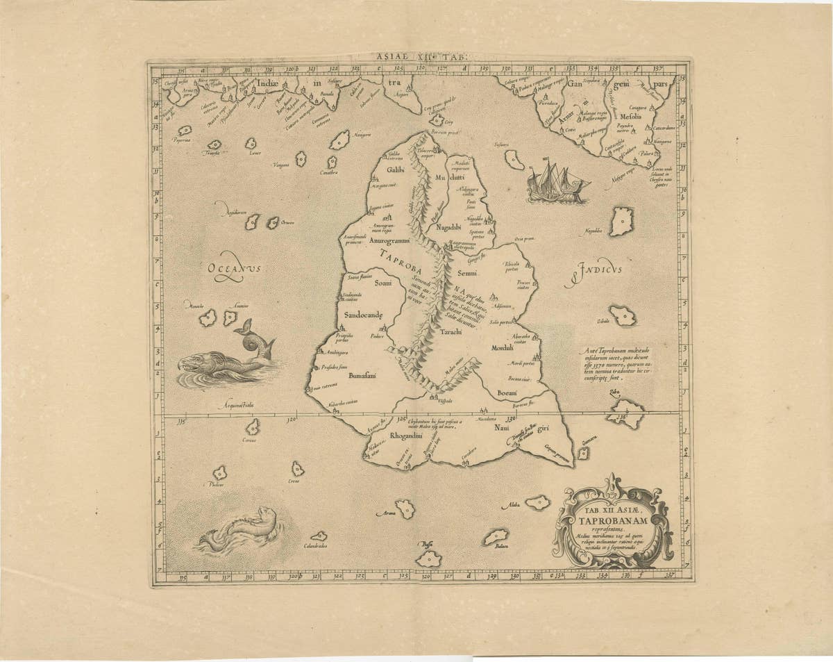 Rare Original Antique Ptolemy Map of Ceylon, Present Day Sri Lanka