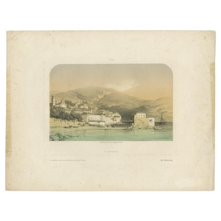Antique print titled 'Villefranche'. View of Villefranche near Nice, France. Source unknown, to be determined.

Artists and Engravers: Published by Lemercier, Paris.

Condition: Fair, general age-related tonign. Minor wear and soiling, few small