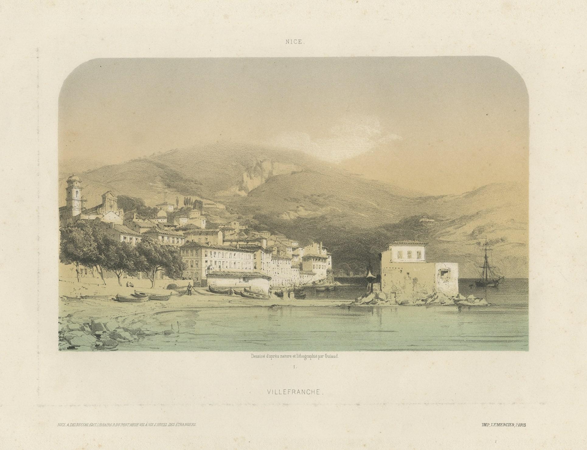 Paper Rare Original Antique View in Old Colours of Villefranche in France, c.1860 For Sale