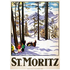 Rare Original Antique Winter Sport Ski Travel Poster for St. Moritz Switzerland