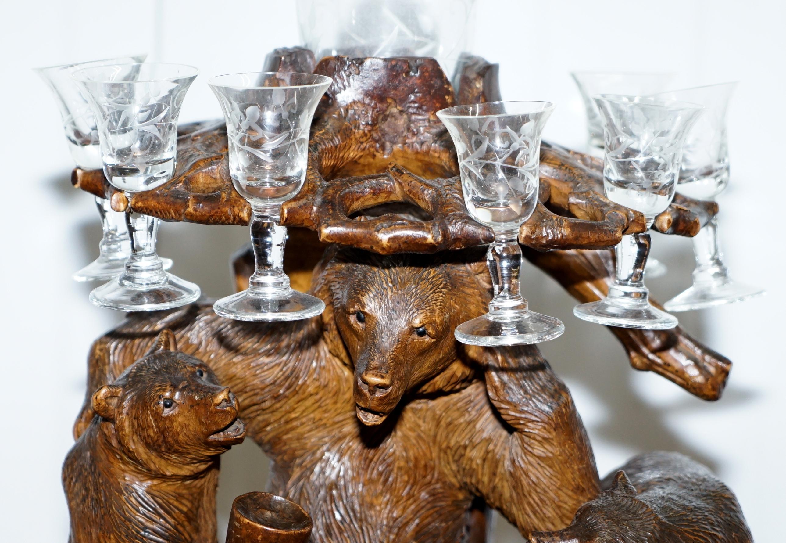 German Rare Original Black Forest Bears Carved Wood Tantalus Table Decanter and Glasses