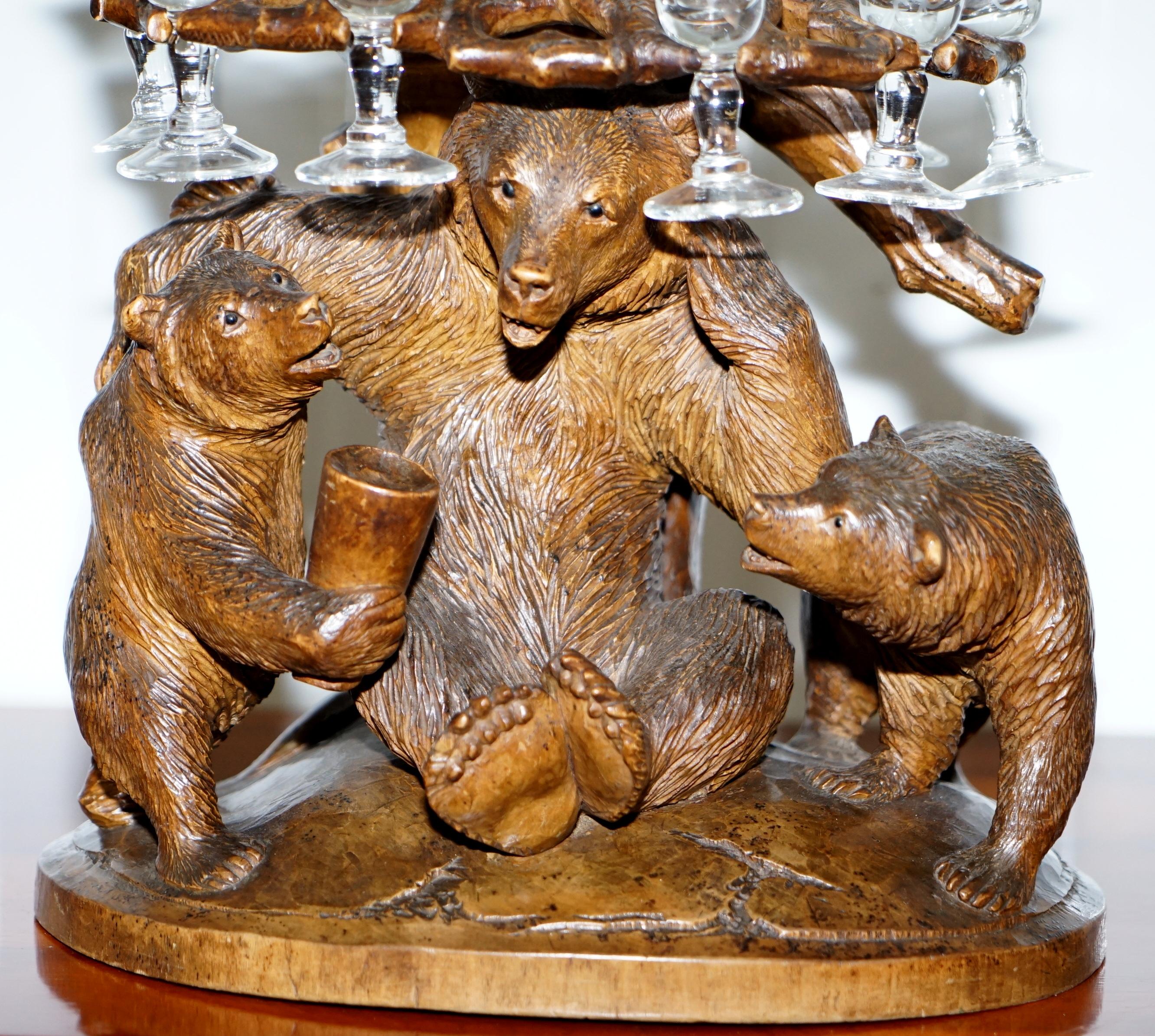 Hand-Crafted Rare Original Black Forest Bears Carved Wood Tantalus Table Decanter and Glasses