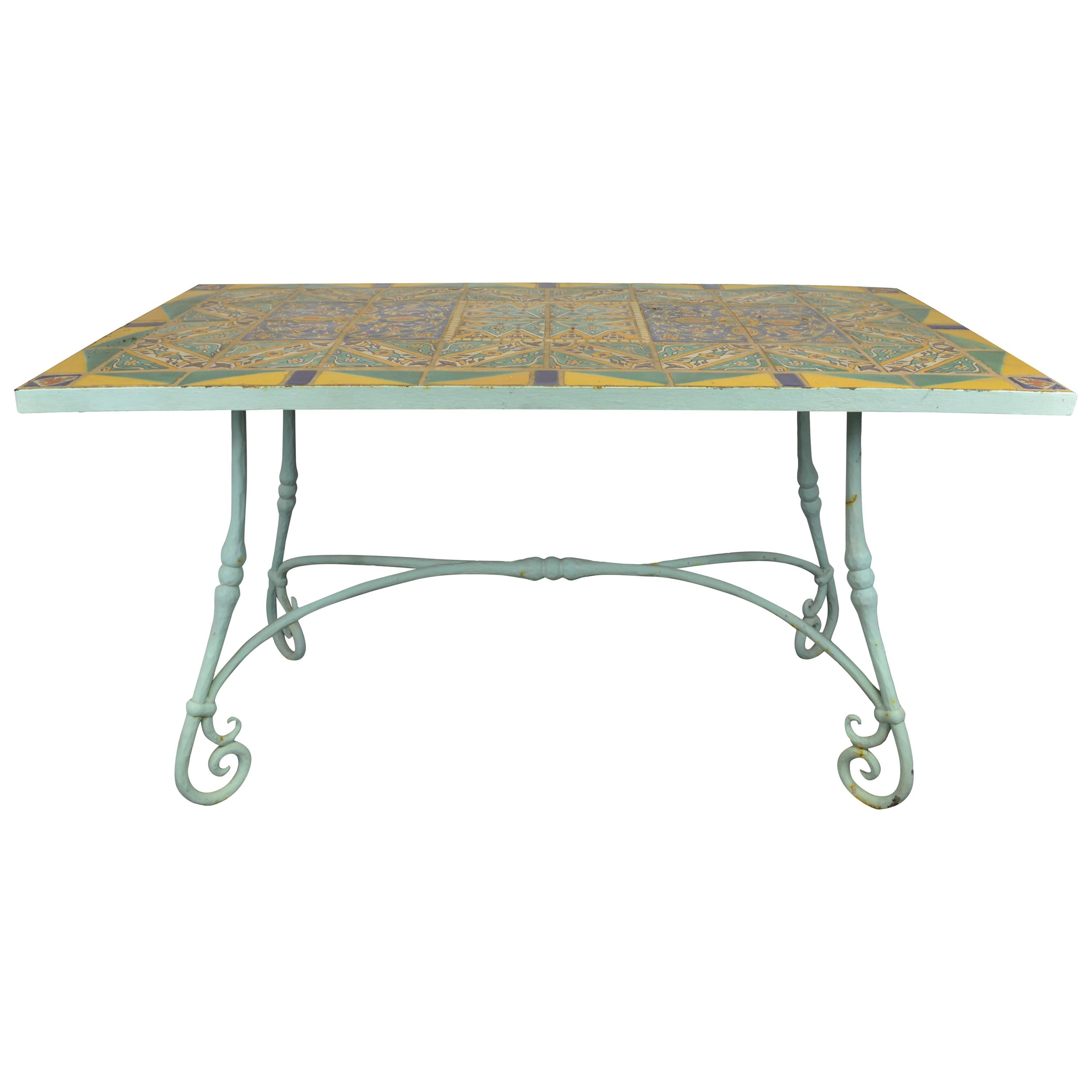 Rare Original D&M Tile Table with Handwrought Iron Base For Sale