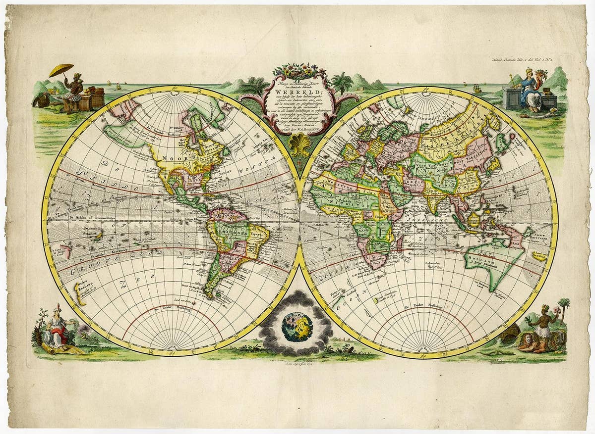 Rare Original Double Hemisphere World Map with Allegorical Figures, 1785