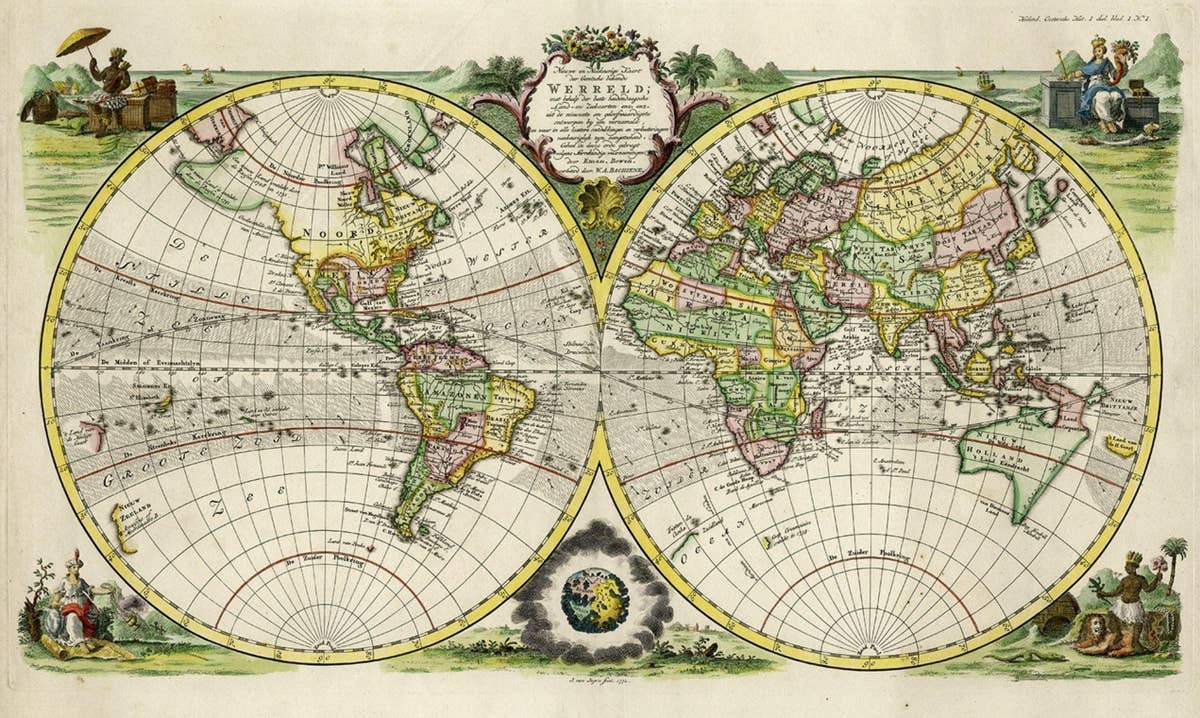 Rare Original Double Hemisphere World Map with Allegorical Figures, 1785