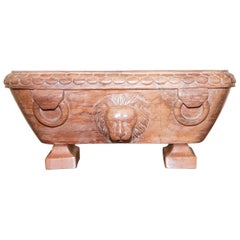 Rara vasca originale del primo Ottocento romana Grand Tour Rosso Antico con leone in marmo