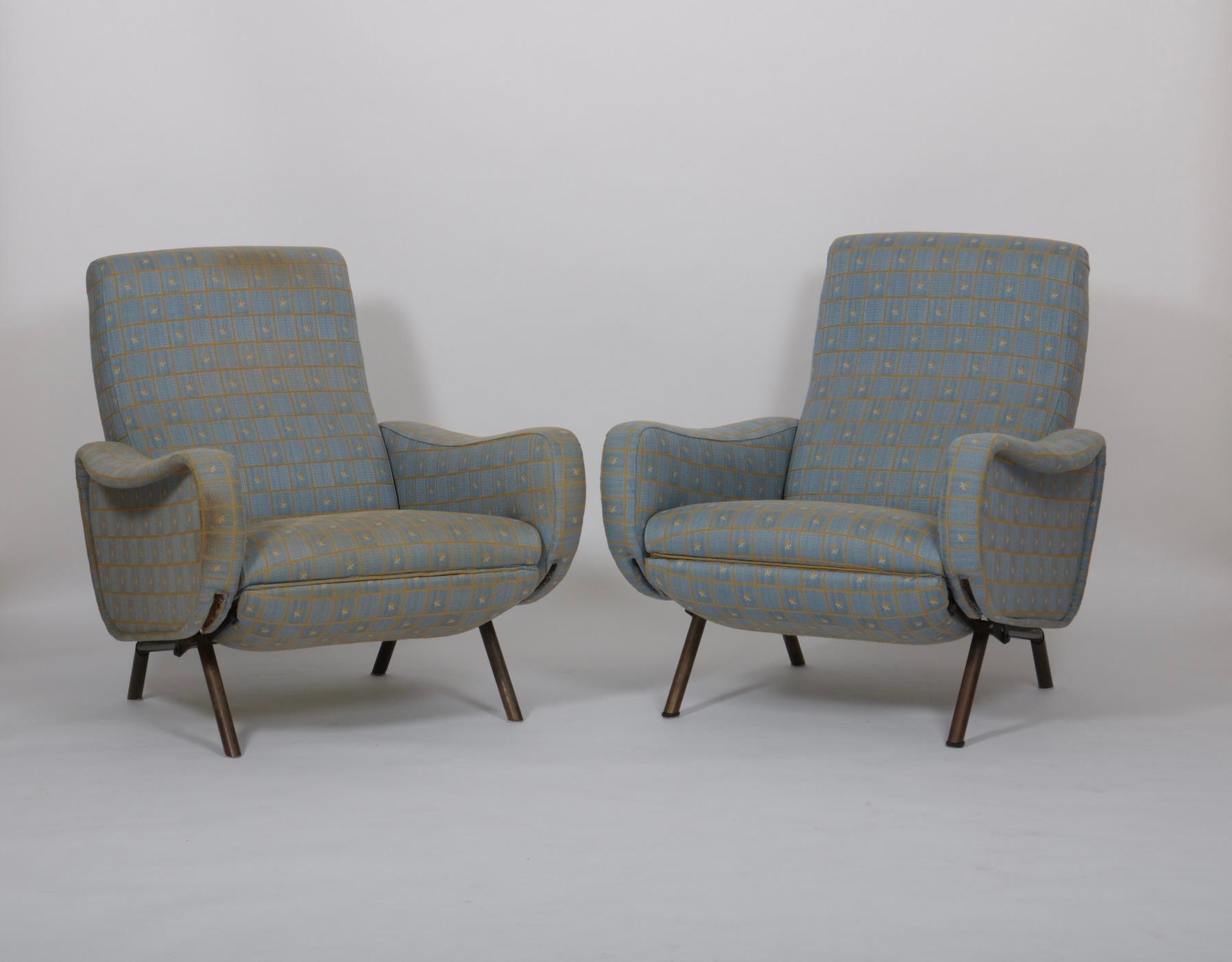Brass A pair  Marco Zanuso 'Lady' chairs. Reclining. Italy c1950 For Sale