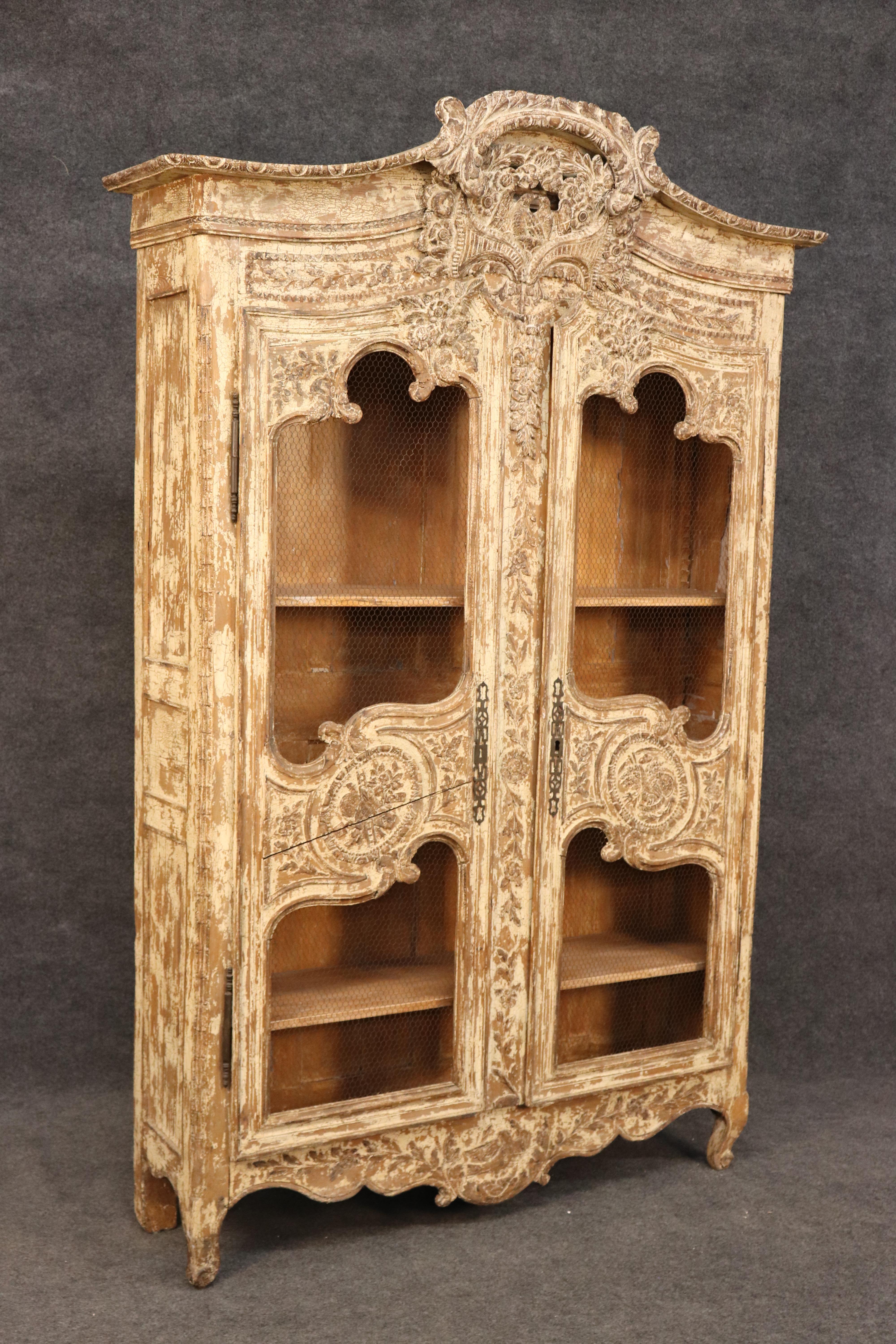 Louis XV Rare Original French Normandy Chipped Milk-Paint Wedding Marriage Armoire 1800s For Sale