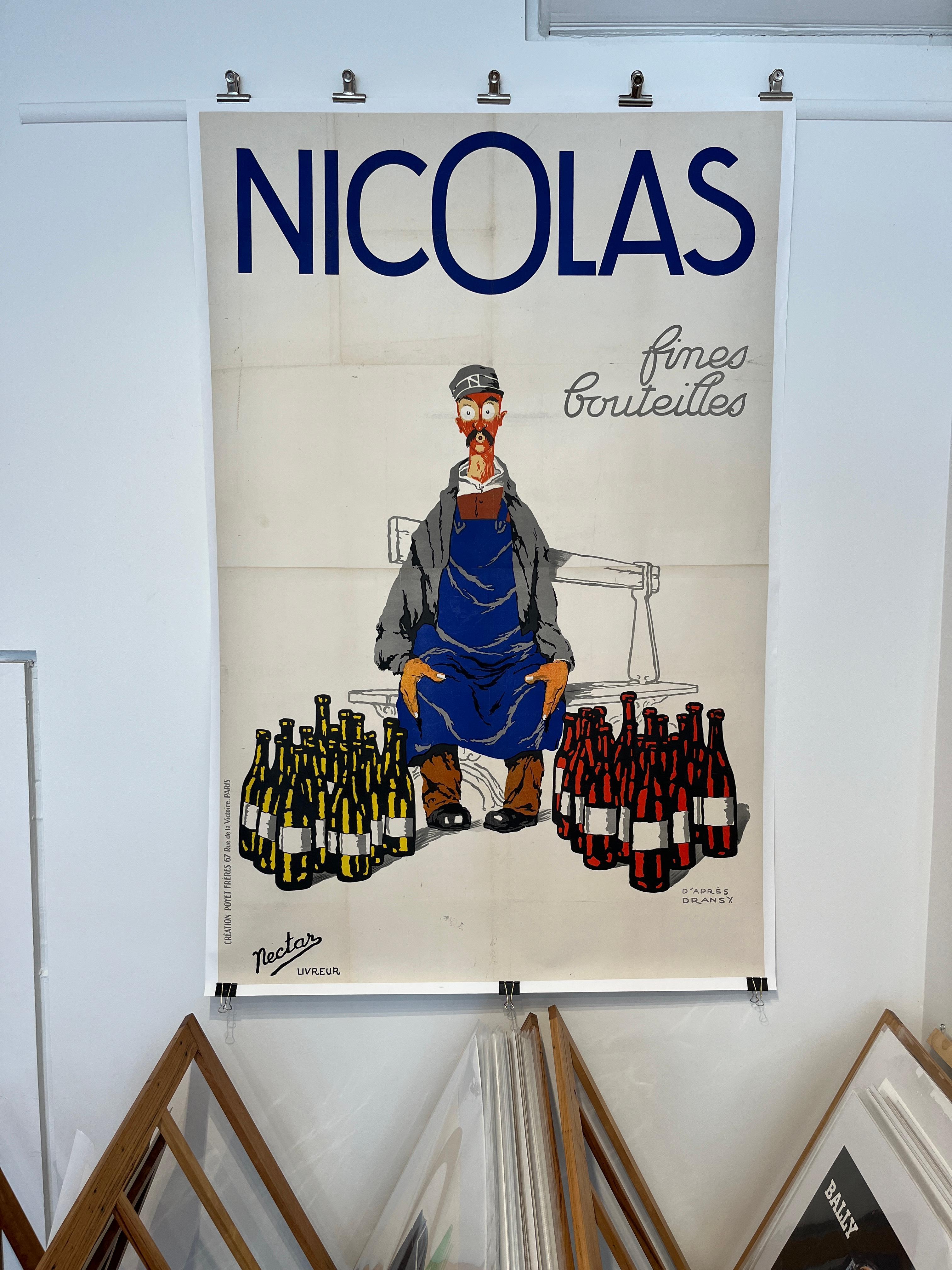 Milieu du XXe siècle Rare affiche d'origine française sur le vin, « NICOLAS » par DRANSY, 1933