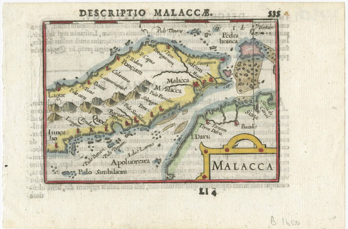 Rare Original Handcolored Miniature Map of Malaysia and Singapore, 1600