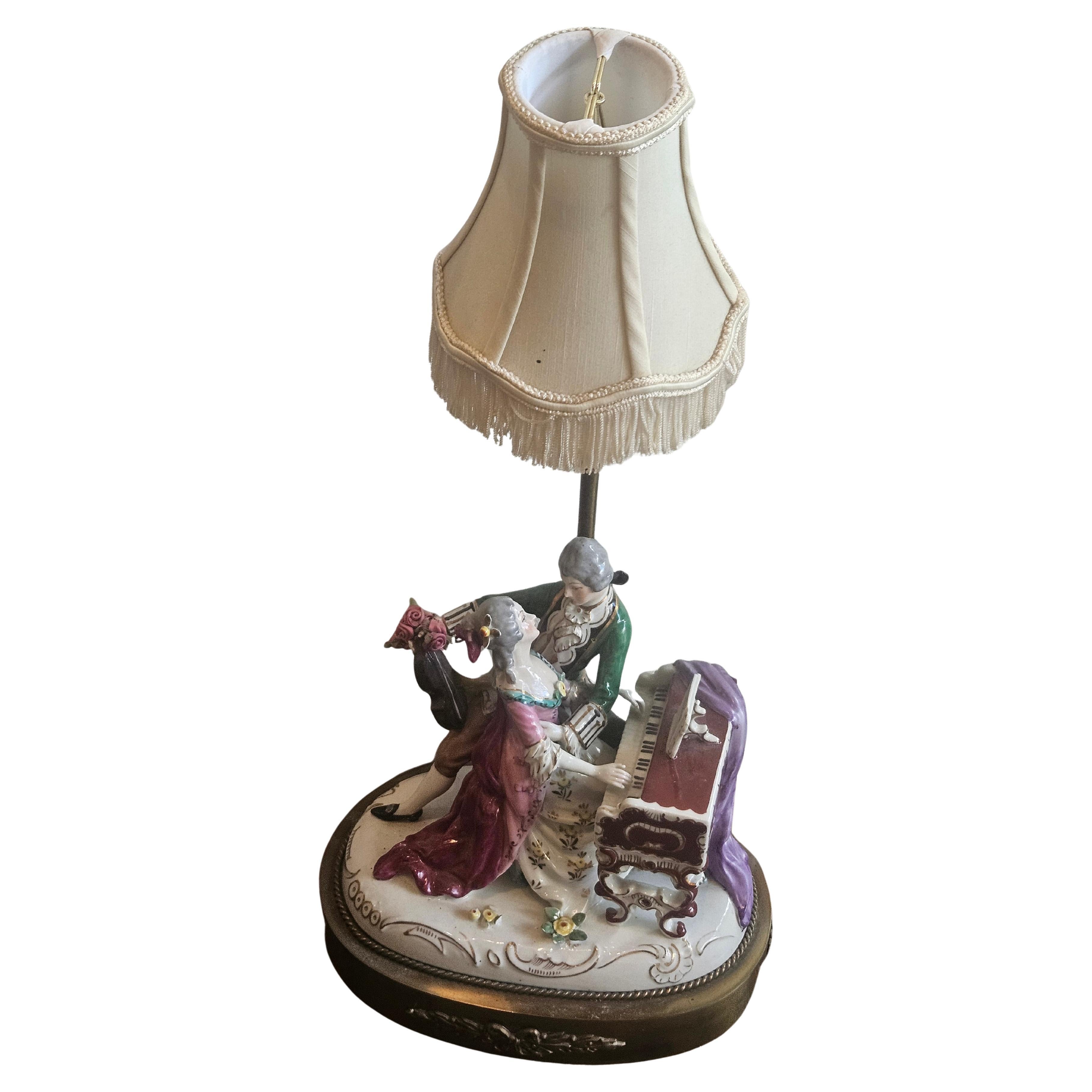 Rare Original Large Important Fancy 1920s Dresden Style Porcelain Lamp of Couple