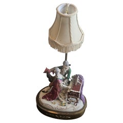 Rare Original Large Important Fancy 1920s Dresden Style Porcelain Lamp of Couple