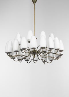 Grand lustre italien original rare en opaline et laiton style Stilnovo, années 60, F577