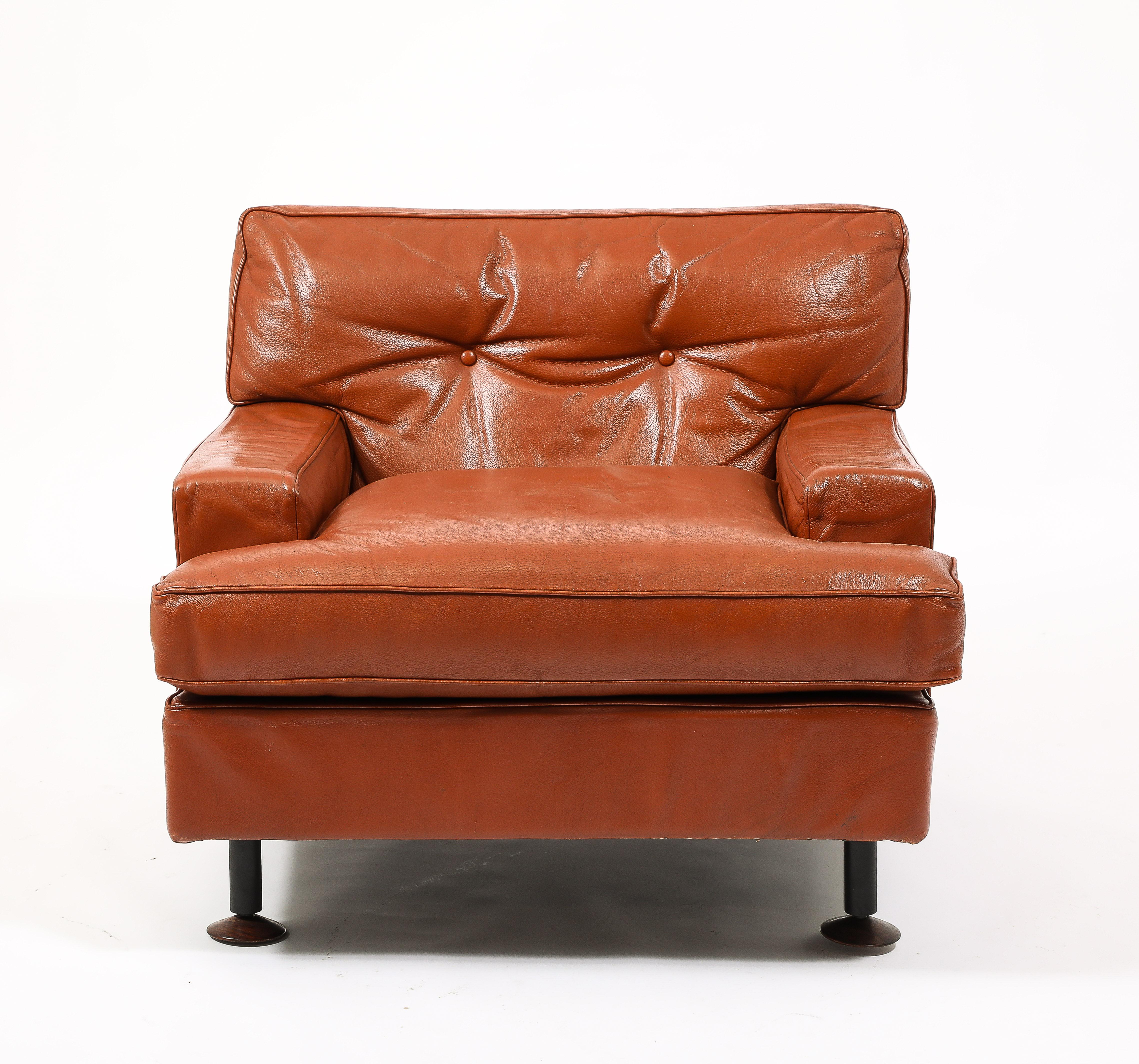 Rare Original Leather Armchair & Ottoman by Marco Zanuso, Italy 1960's For Sale 3