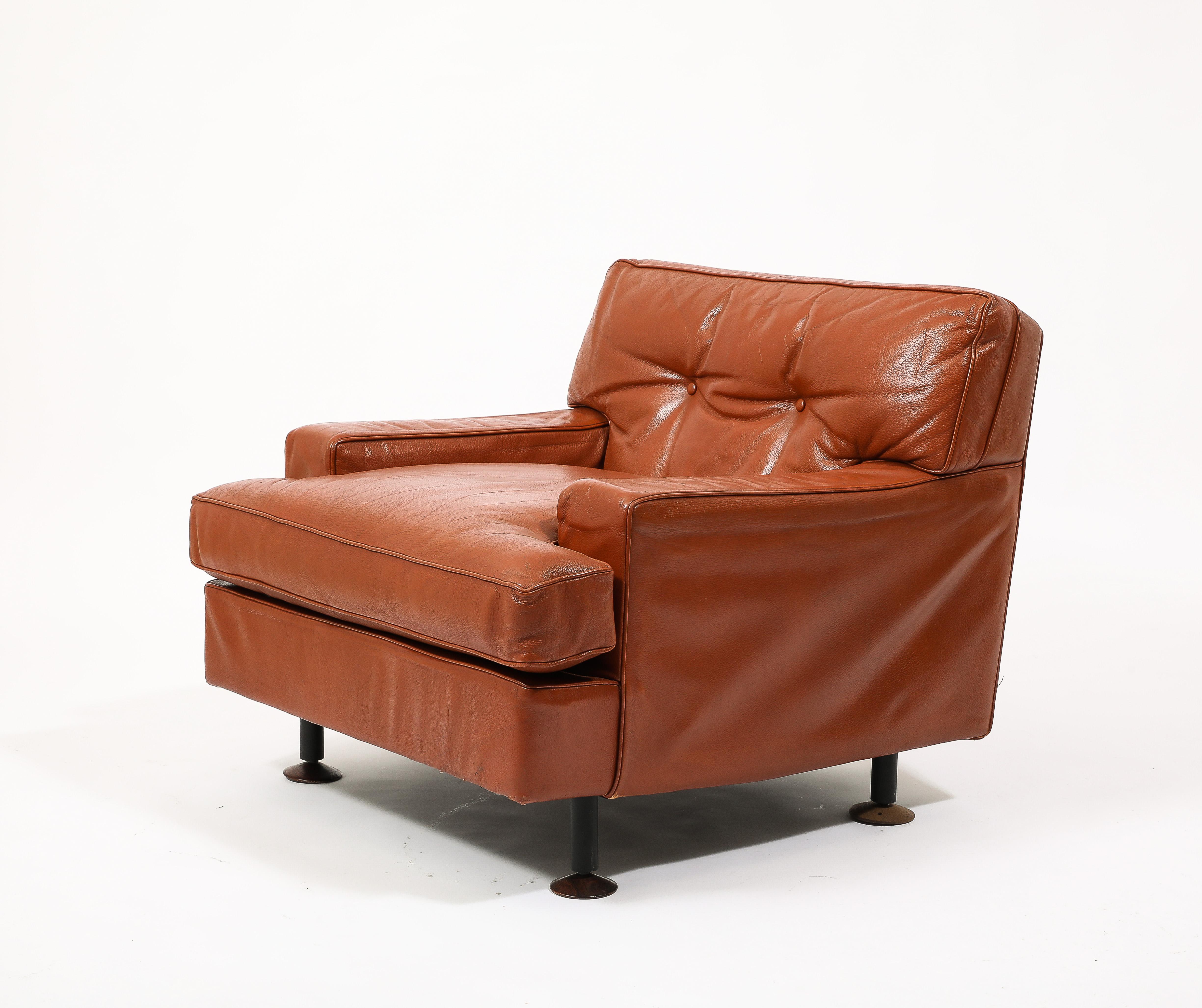 Brass Rare Original Leather Armchair & Ottoman by Marco Zanuso, Italy 1960's For Sale