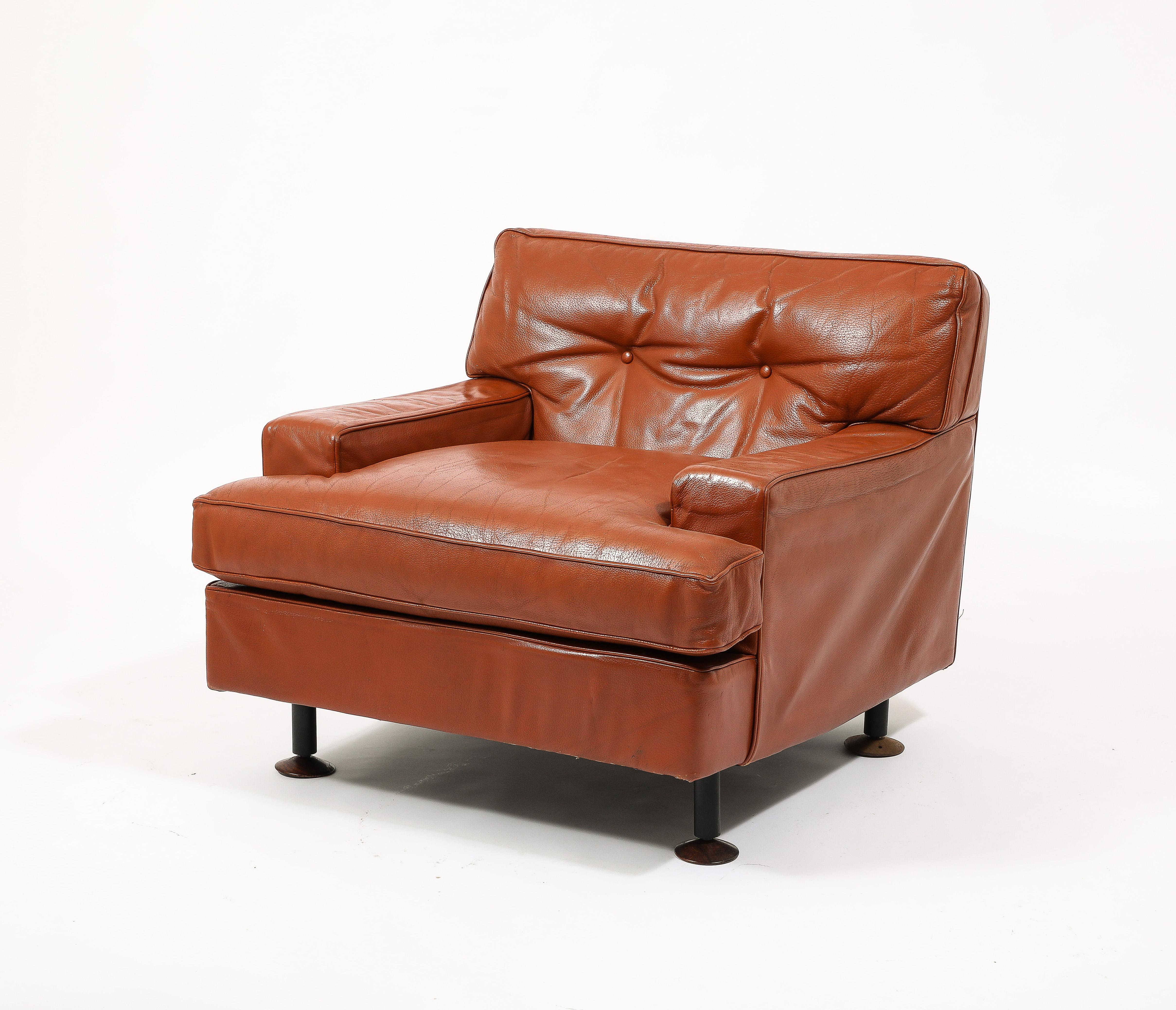 Rare Original Leather Armchair & Ottoman by Marco Zanuso, Italy 1960's For Sale 1