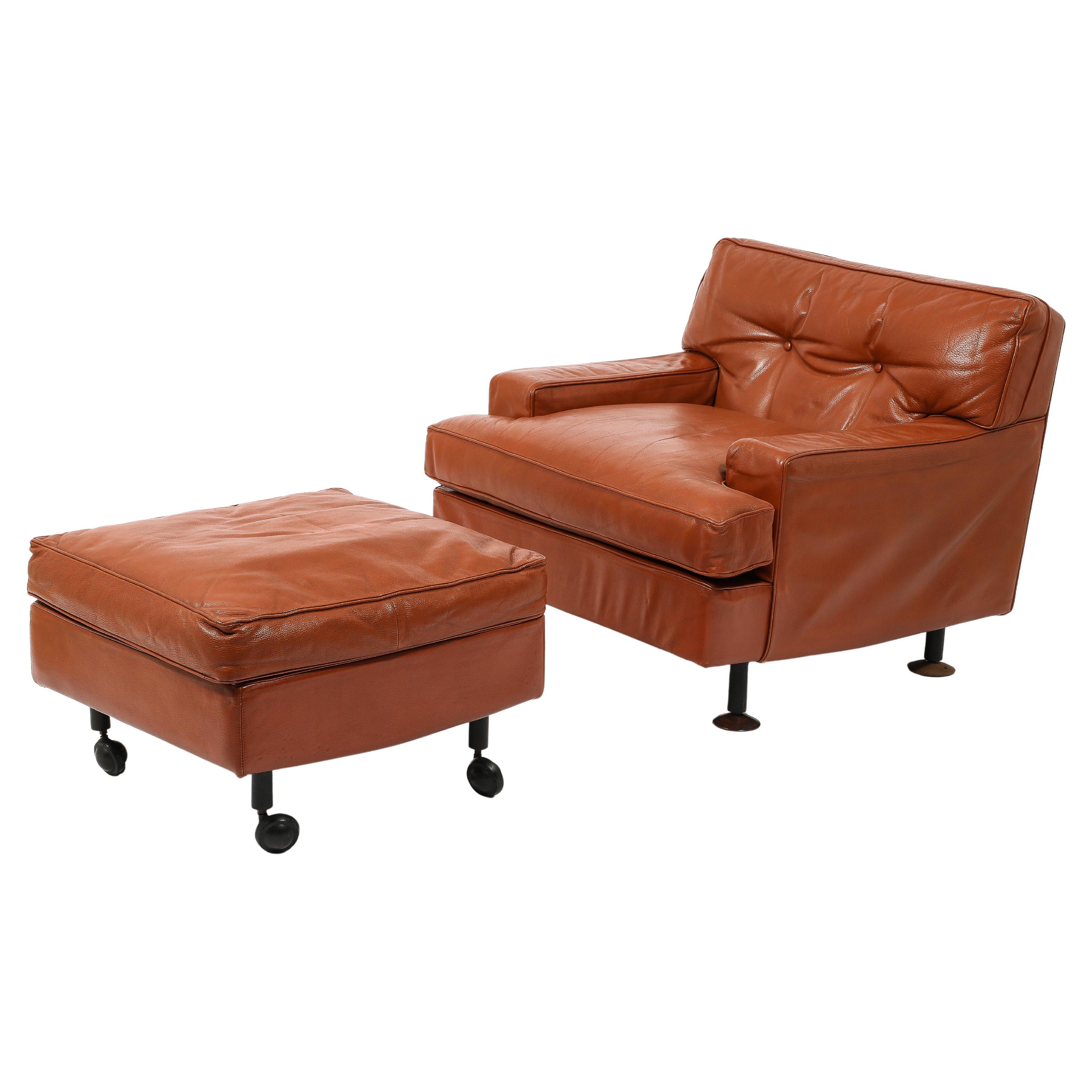 Rare Original Leather Armchair & Ottoman by Marco Zanuso, Italy 1960's For Sale