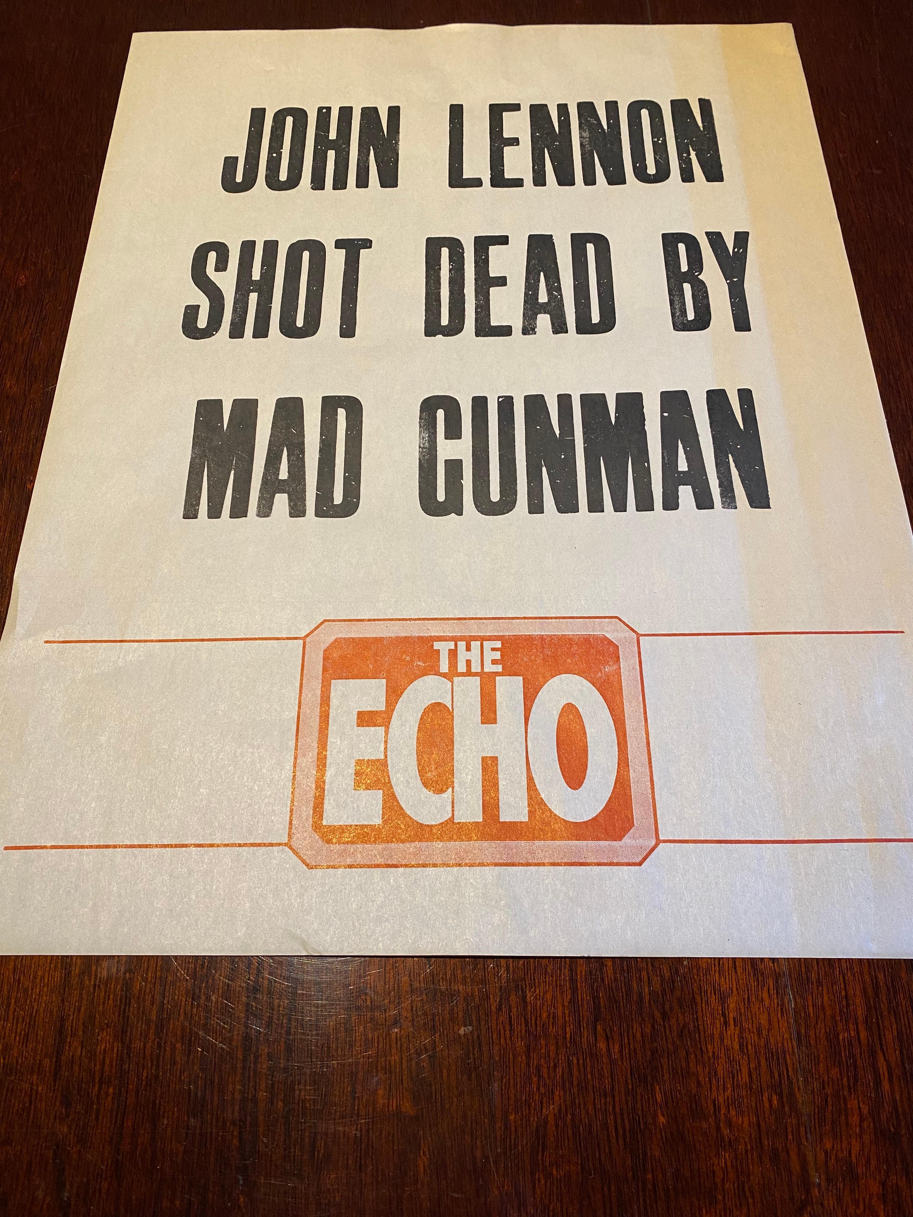 A very rare and original billboard poster from the Liverpool Echo announcing the death of John Lennon in 1980.

Very good condition. Some slight fading to one edge probably chaises by the sun. No folds, very minor creasing to the top and bottom edge
