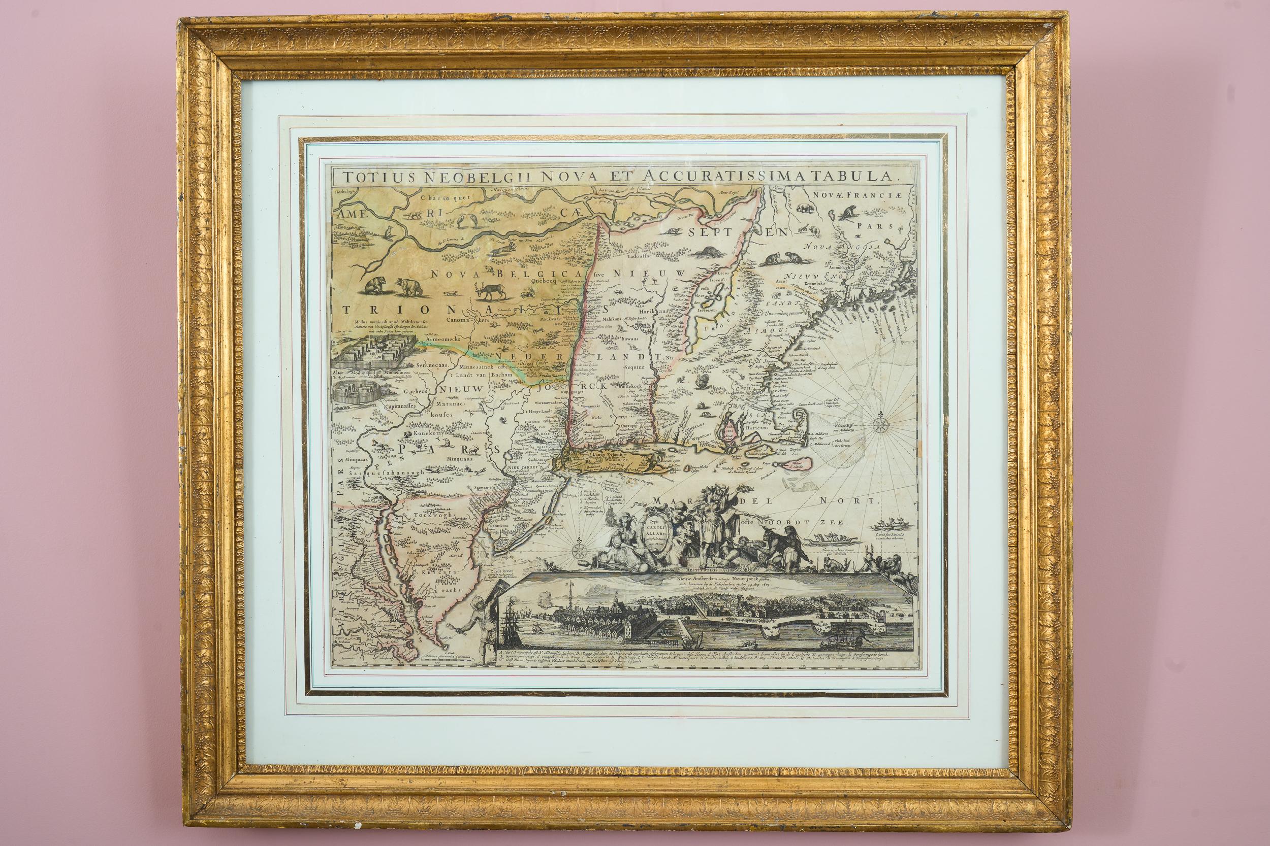 An exceptionally rare and original 17th-century engraving of New Amsterdam, now New York City, published by the renowned Amsterdam cartographer Carel (Carolus) Allard around 1674. Known as the “Restitutio” map, this piece commemorates the brief