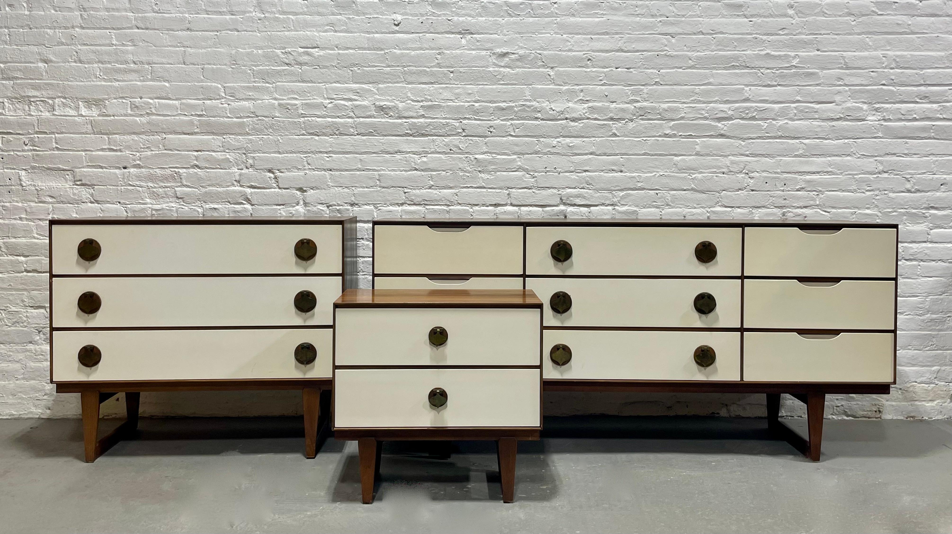 Rare + Original Mid Century Modern White & Walnut Bedroom Set by Stanley Furniture Co., c. 1960's. This elusive series was in limited production and is incredibly hard to find, especially an entire set. The pieces are highlighted by solid brass