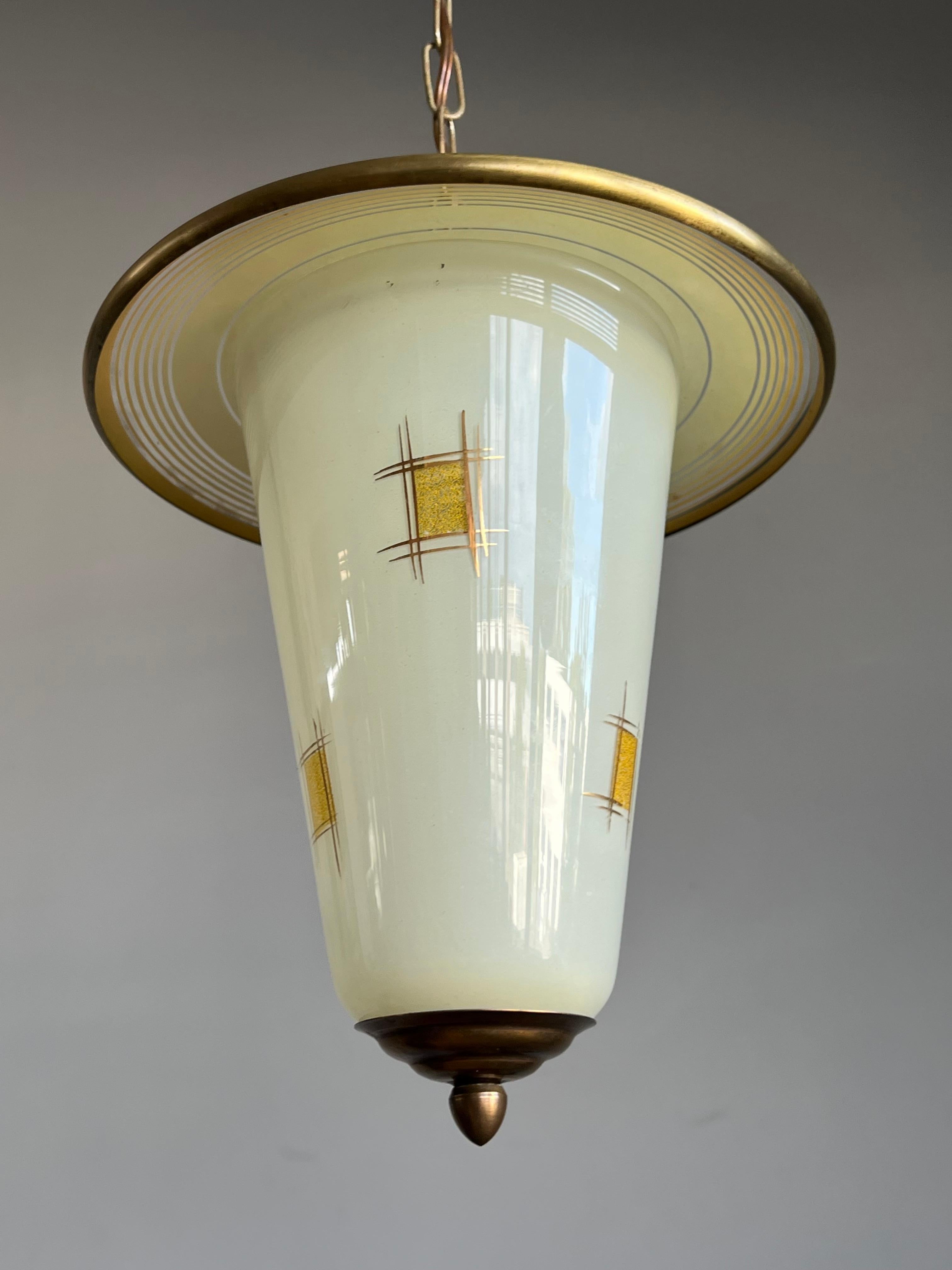 Rare & Original Midcentury Glass & Brass Pendant Light w. Geometric Graphic 1950 For Sale 2