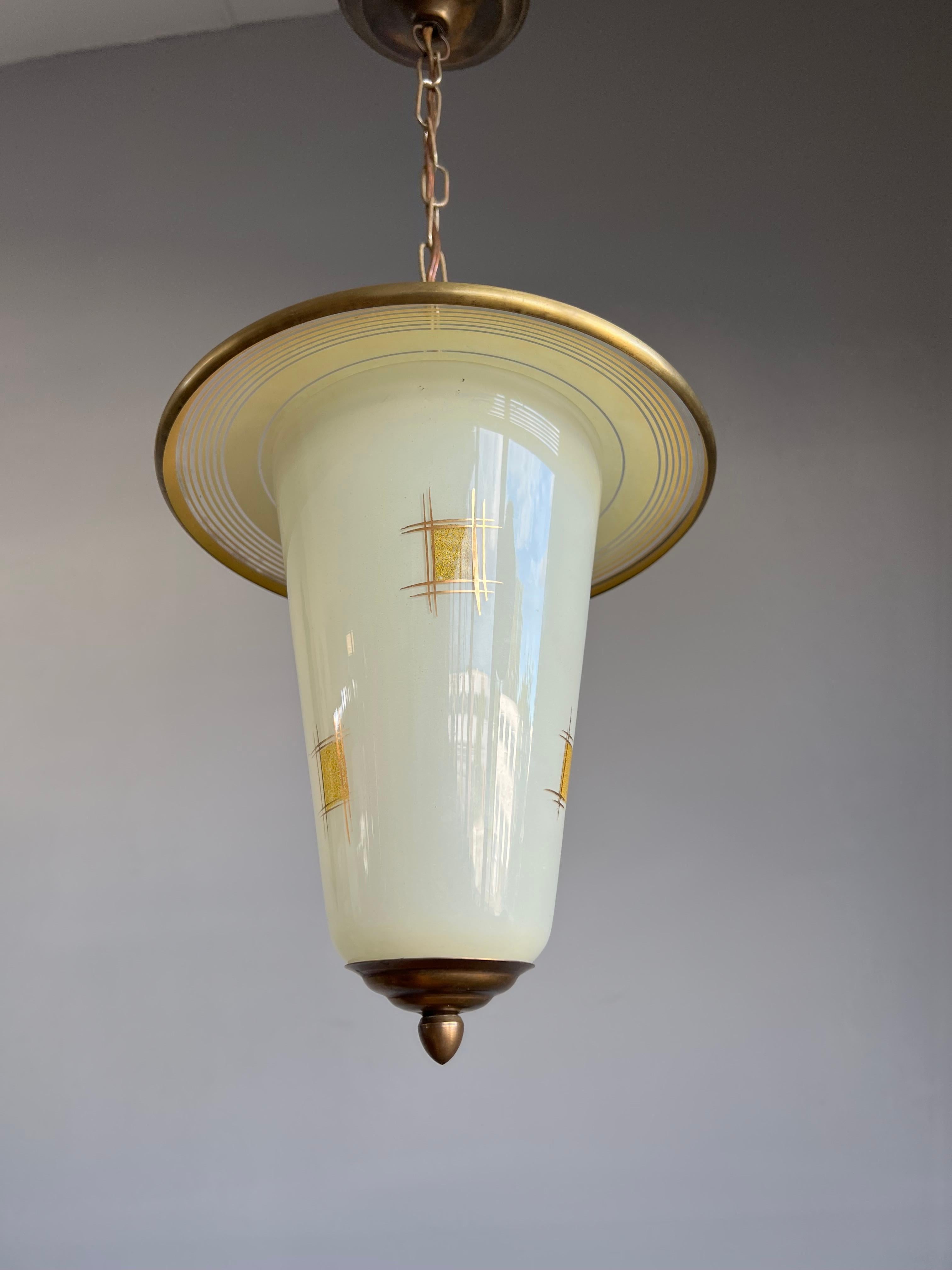 Rare & Original Midcentury Glass & Brass Pendant Light w. Geometric Graphic 1950 For Sale 10