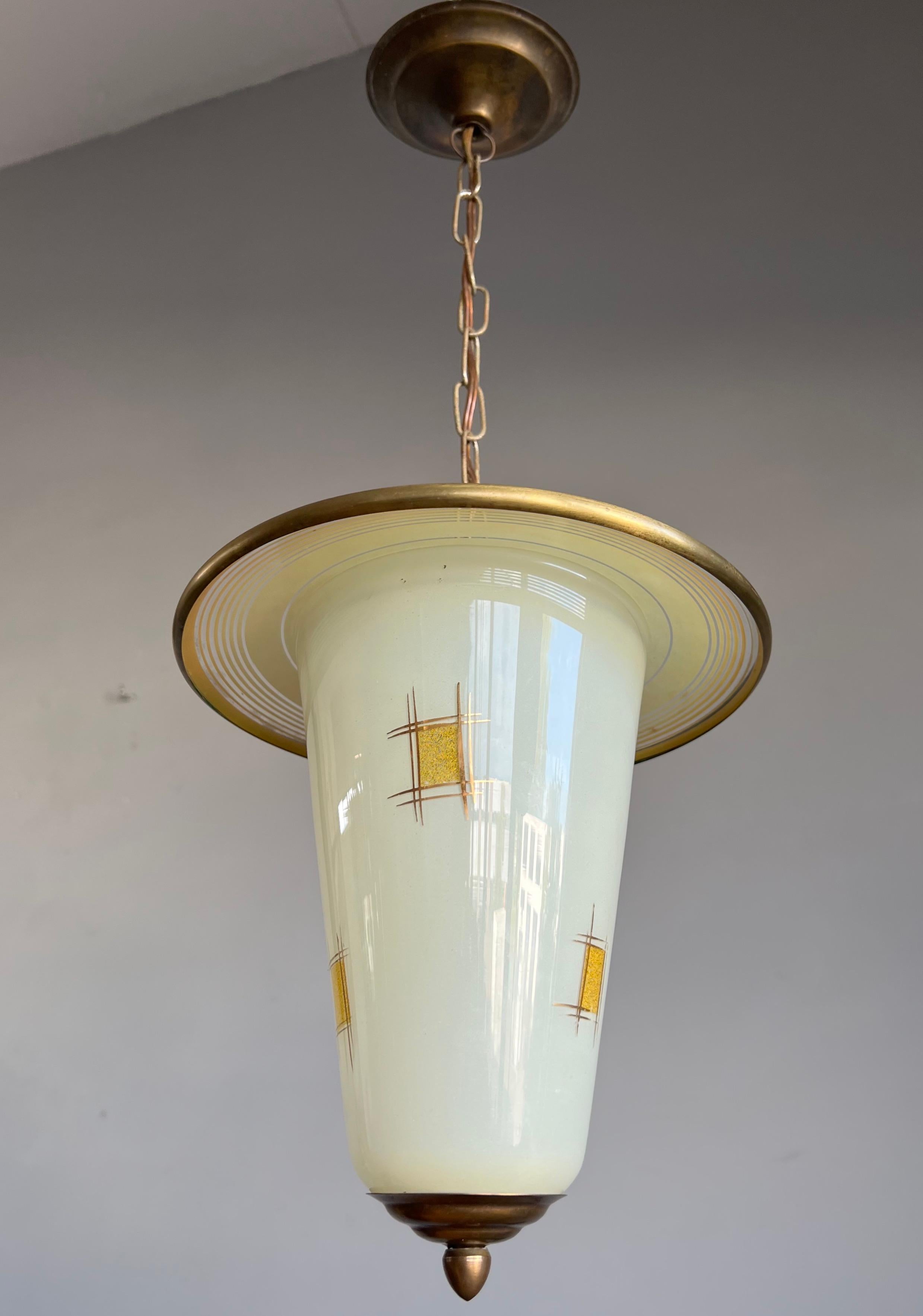 Rare & Original Midcentury Glass & Brass Pendant Light w. Geometric Graphic 1950 For Sale 1