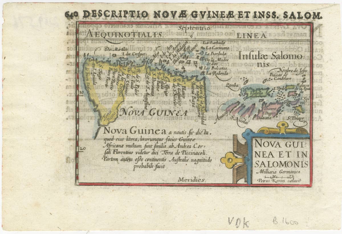 Rare Original Miniature Map of Papua New Guinea and the Salomon Islands, 1600